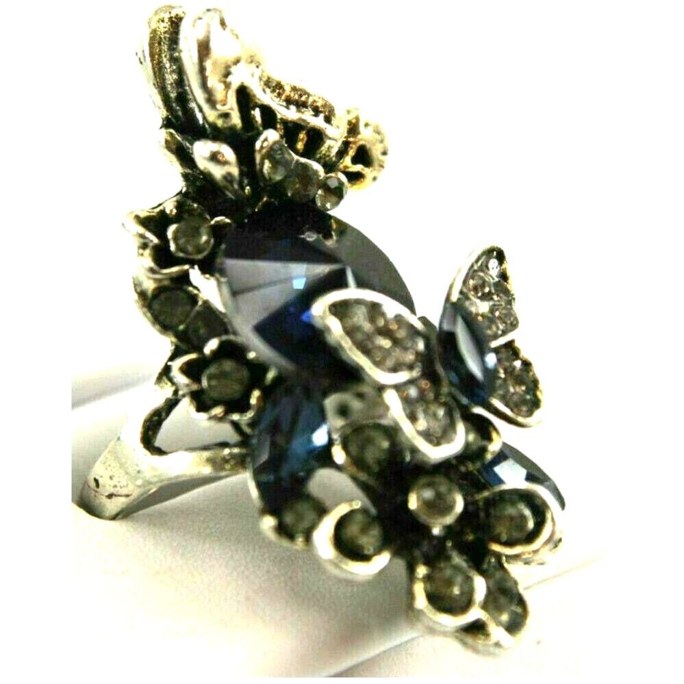 Other Blue & White Rhinestone Crystal Butterfly Flower Ring • Sz 8 Size ONE SIZE - 3 Thumbnail