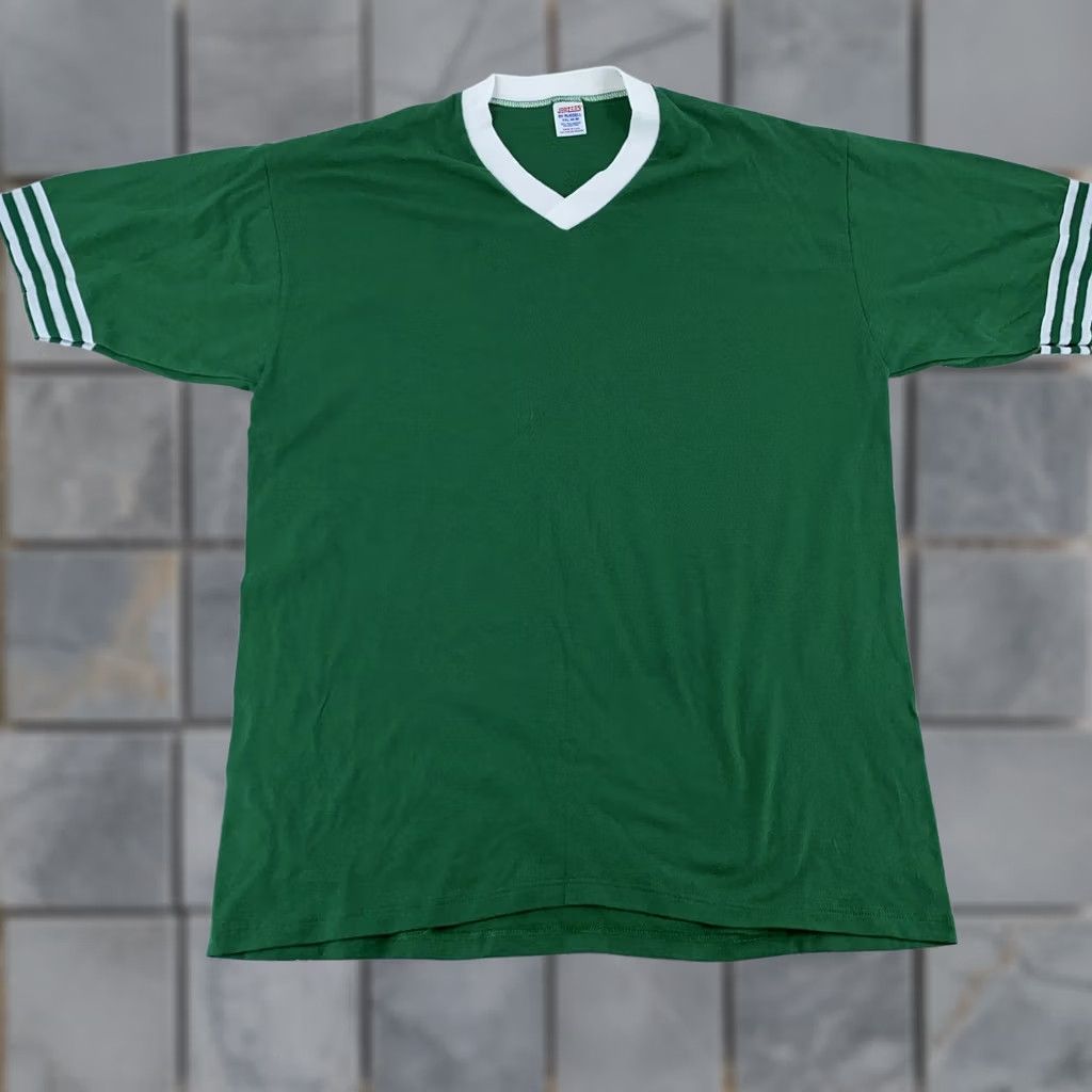 Jerzees VINTAGE Jerzees T-Shirt Green Mens L V-Neck Jersey Shirt Short Sleeve Striped Sleeve 80s Jersey Knit Size US L / EU 52-54 / 3 - 1 Thumbnail