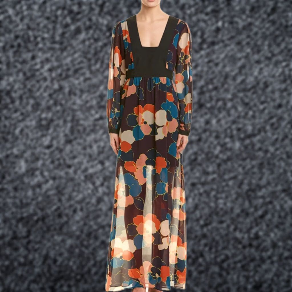 BCBGeneration BCBGeneration Womens Square Neck Sheer Floral Maxi Dress Long Sleeve XS Multicolor Floral Maxi Dress Womens XS Size XS / US 0-2 / IT 36-38 - 1 Thumbnail
