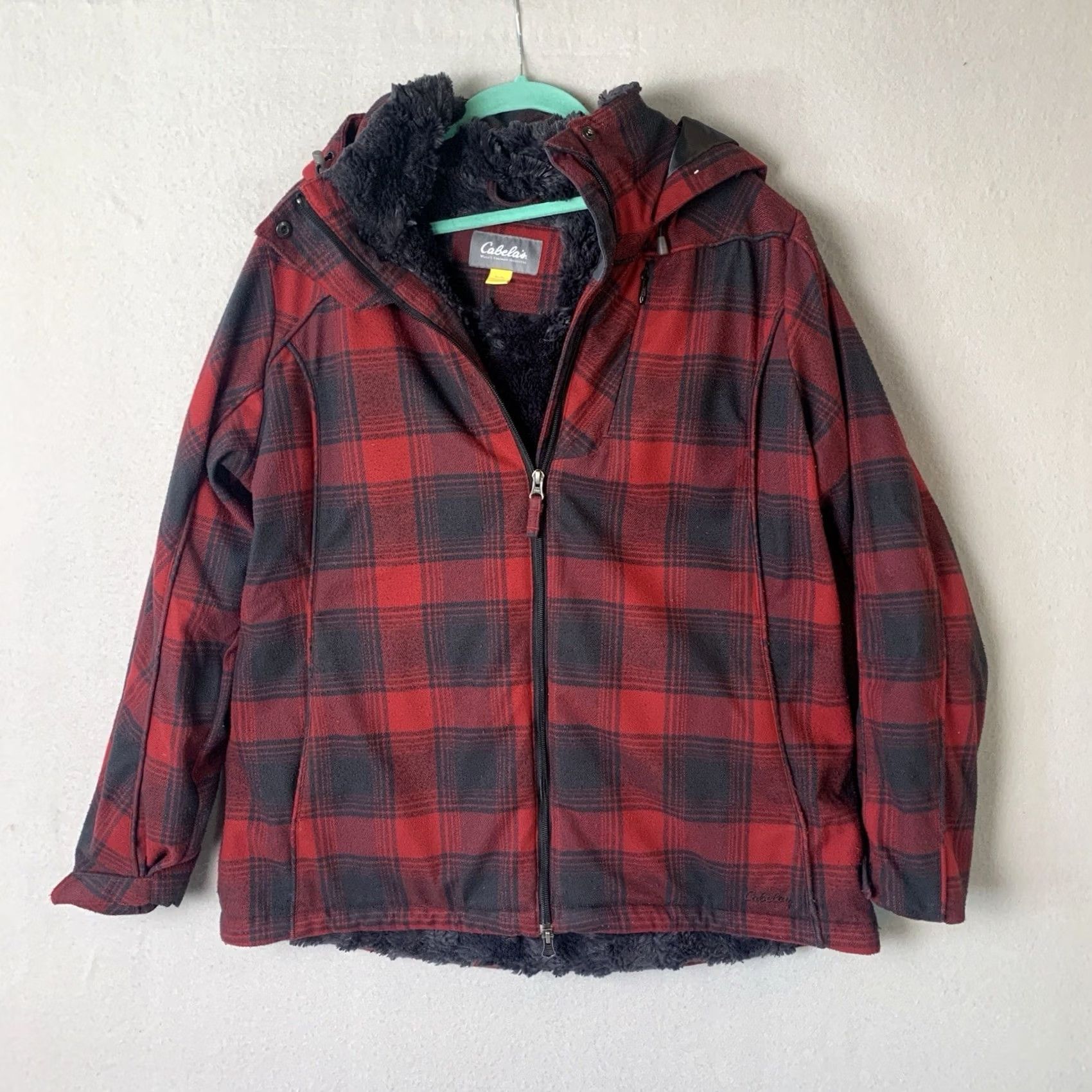 Vintage VINTAGE Cabela's Coat XL Mens Buffalo Check Primaloft Hooded Wool-Polyester Jacket (Mid-Length) Red Black Windproof Pockets 80s 90s Outdoors Mens Size US XL / EU 56 / 4 - 2 Thumbnail