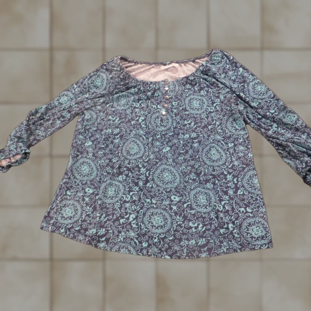 Vintage Kim Rogers Blouse L Womens Blue Floral Crew Neck Pullover Stretch Casual Regular Satin? (Note: Contains rayon and cotton; cap sleeves) Size L / US 10 / IT 46 - 1 Thumbnail