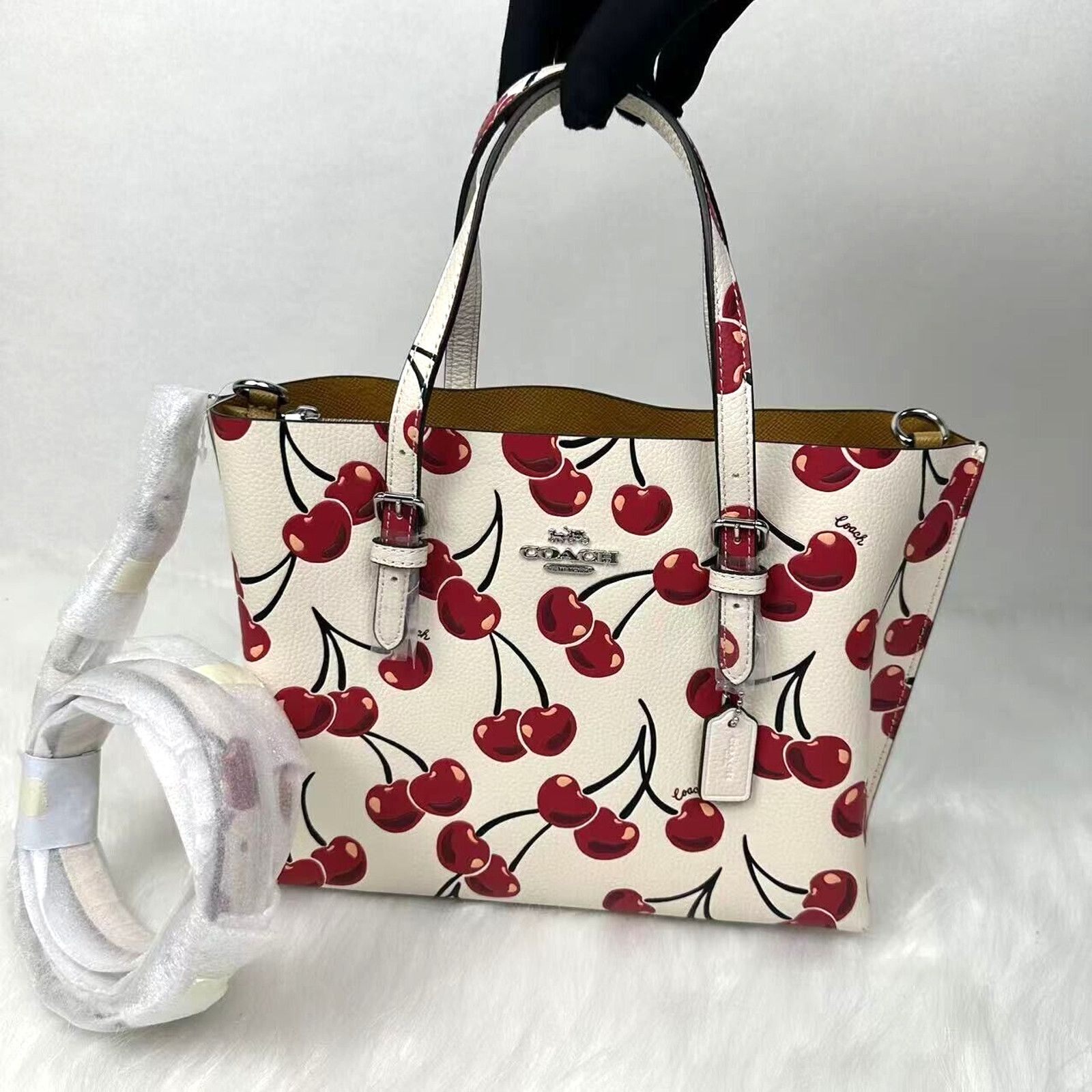 Coach Mollie Tote Bag 25 Crossbody Cherry Print Leather NWT in White, Women's