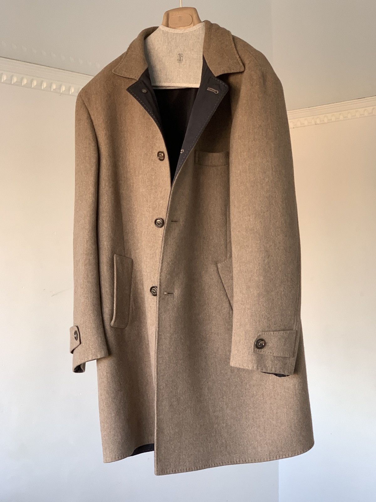 image of Brunello Cucinelli Brunello Cucinell Wool And Angora Coat in Camel, Men's (Size 2XL)