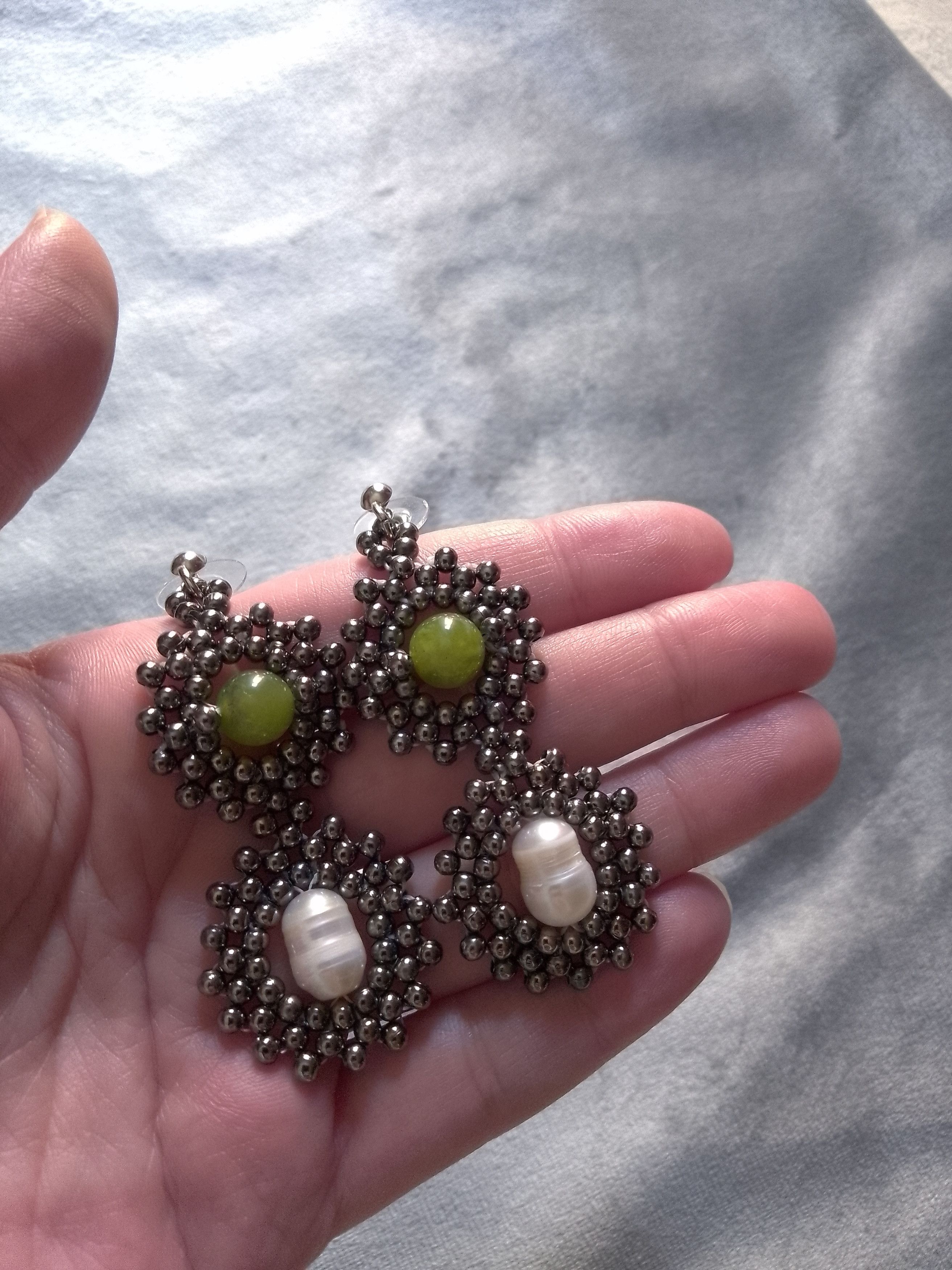 Handmade Earrings with natural freshwater pearls and green Jade Size ONE SIZE - 6 Thumbnail