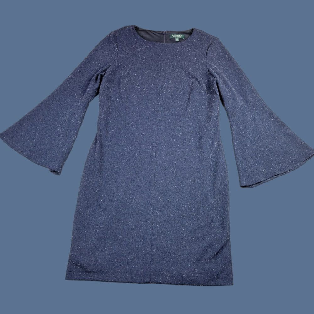 Ralph Lauren Lauren Ralph Lauren Dress Womens 12 Navy Blue Bell Sleeve Metallic Sheath Party Dress Size XL / US 12-14 / IT 48-50 - 1 Thumbnail