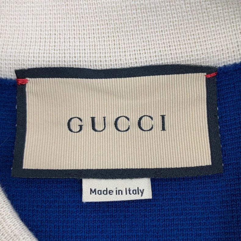 Gucci Dark blue logo embroidered wool round neck short-sle