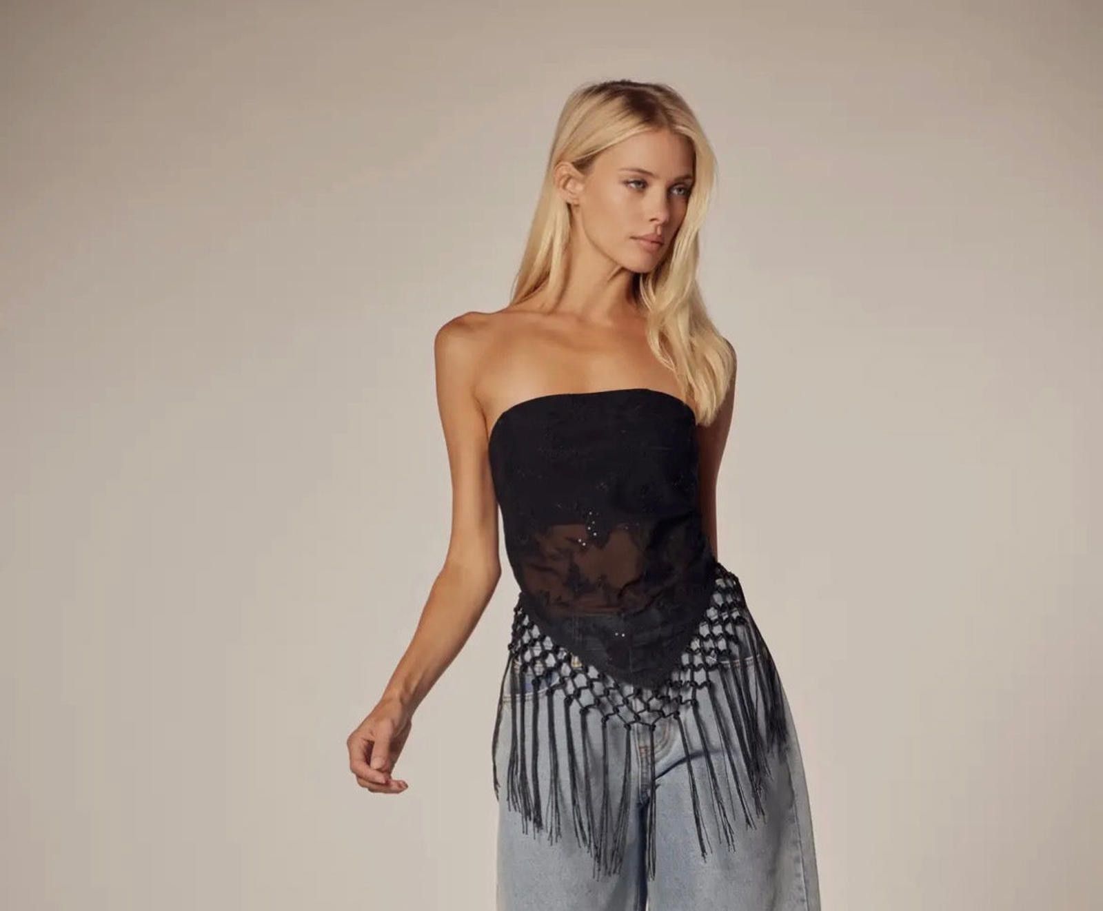 Other Black Embroidered Strapeless Fringe Handkerchief Top WFFS Size US S / EU 44-46 / 1 - 1 Thumbnail