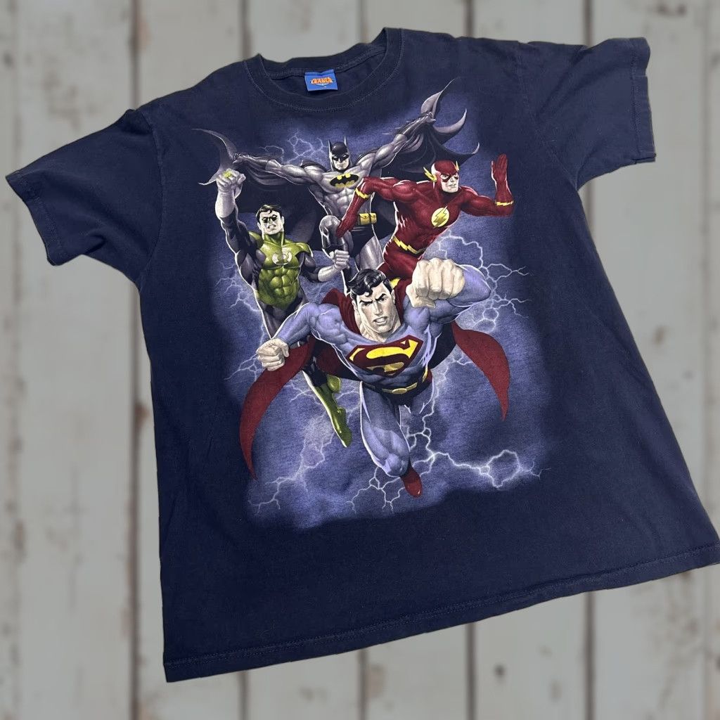 Vintage Justice League Shirt Mens M Navy Blue Superman Batman The Flash Green Lantern DC Comics Graphic Print Crew Neck Short Sleeve Size US M / EU 48-50 / 2 - 1 Thumbnail