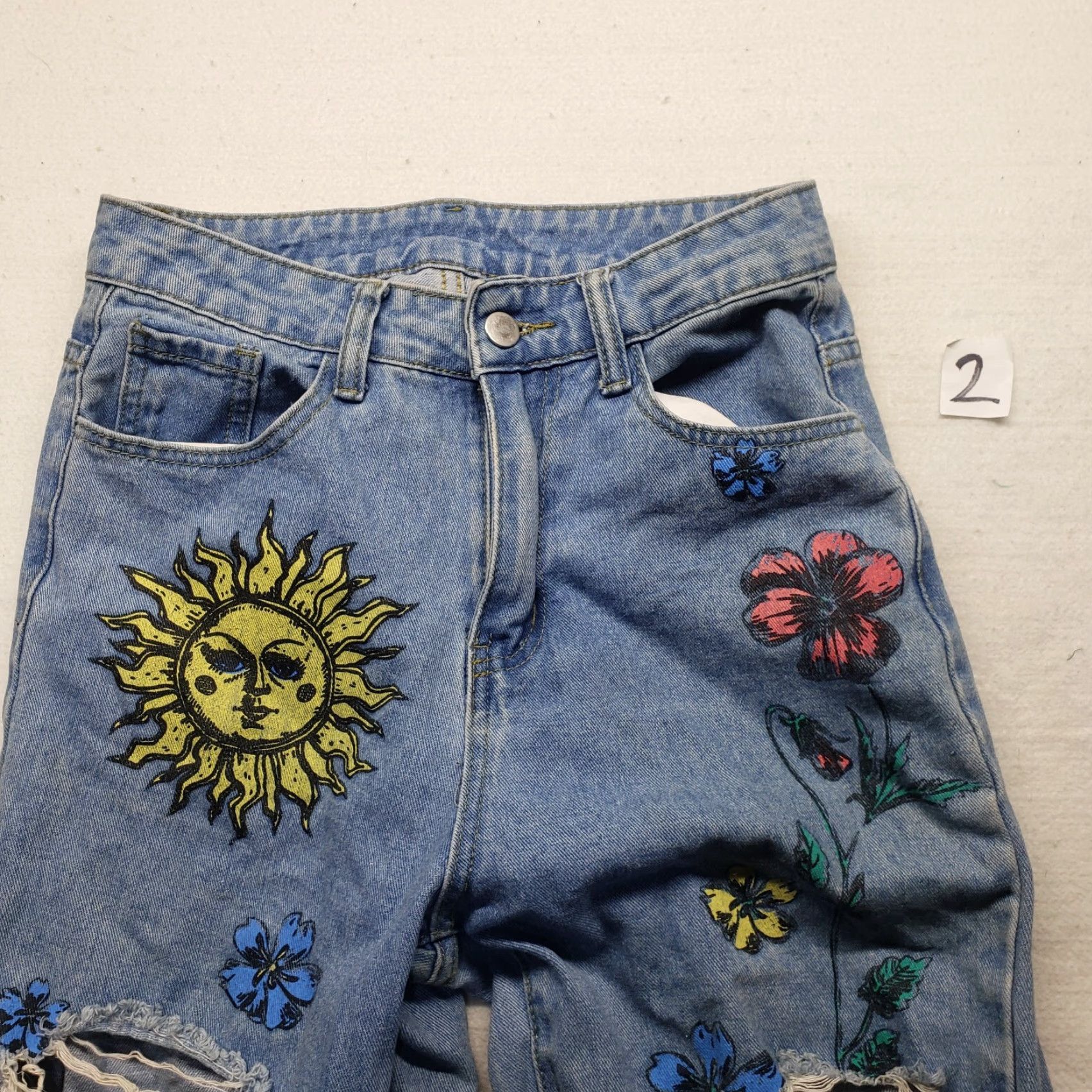 Shein SHEIN Blue Jeans Pants Floral & Sun Print Ripped Straight Distressed Women's XS Size 26" / US 2 / IT 38 - 4 Thumbnail