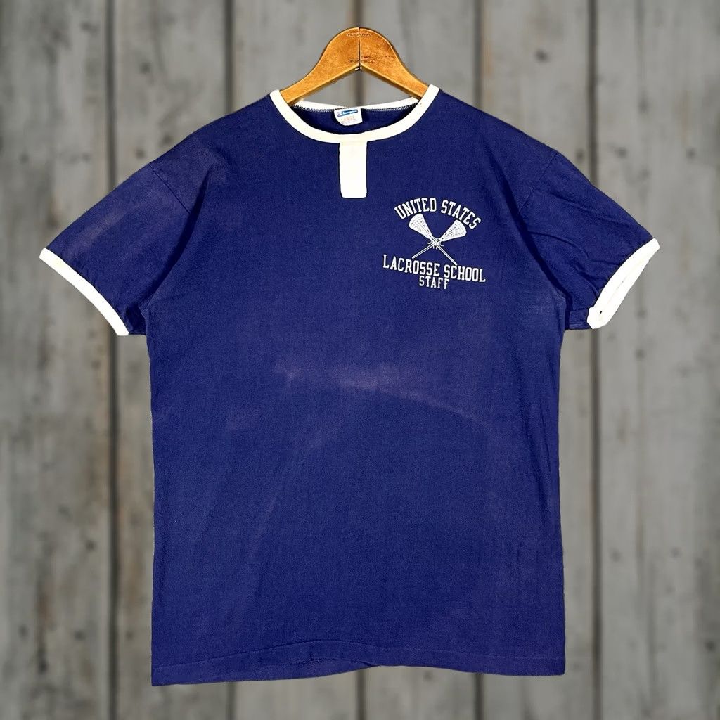 Champion VINTAGE 70s Champion US Lacrosse School T Shirt Mens Size Large Ringer Blue Bar Size US L / EU 52-54 / 3 - 1 Thumbnail