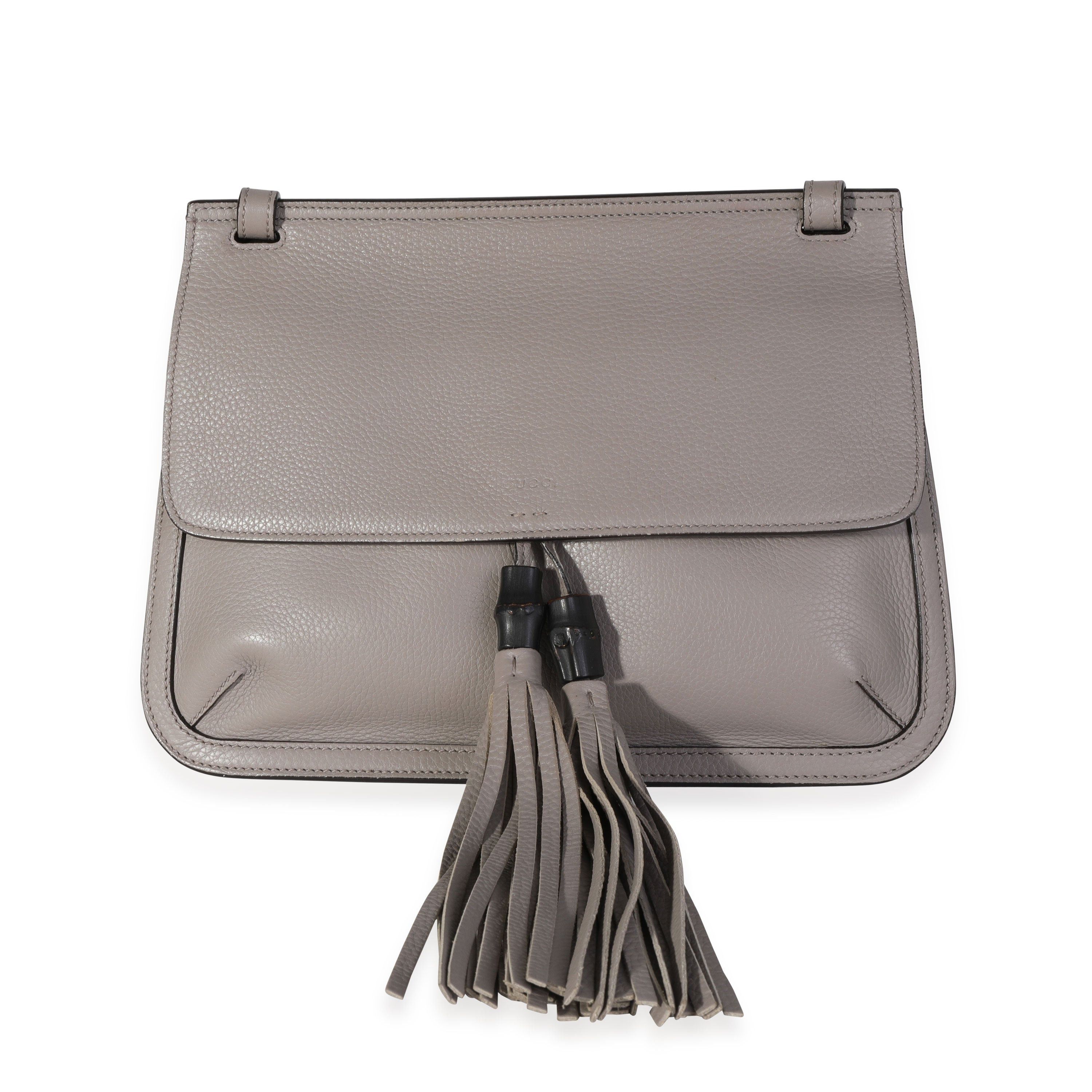 image of Gucci Storm Grey Pebbled Calfskin Medium Bamboo Daily Flap Shoulder Bag, Women's