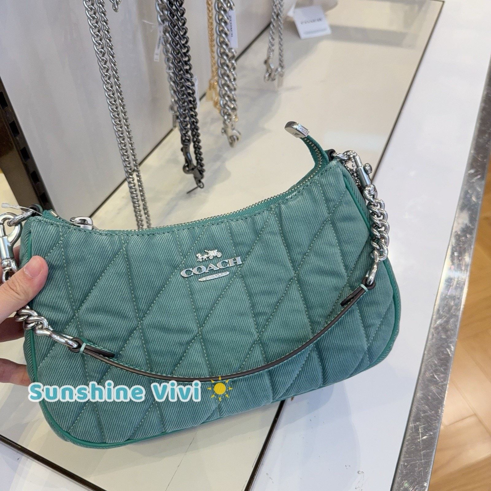 NWT Coach Teri Bag Cbg86 Green Denim Leather Crossbody, Women's
