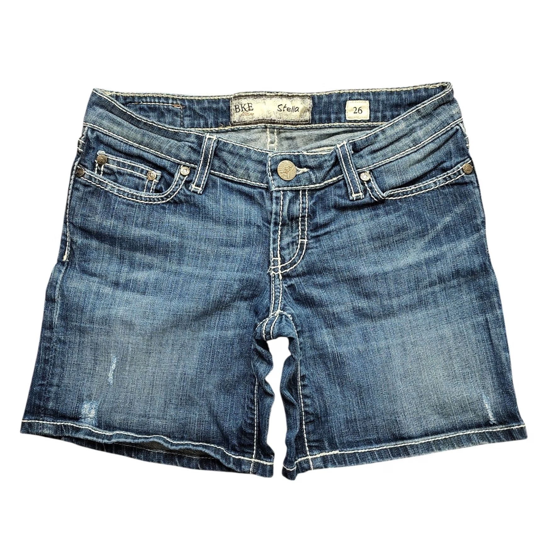 Vintage BKE Denim Shorts Womens Bermuda 26 Blue Distressed 5-Pocket Button Casual Travel Modern American Stella 6in Rise Jeans Distressed Casual Whiskers Size 26" / US 2 / IT 38 - 2 Thumbnail