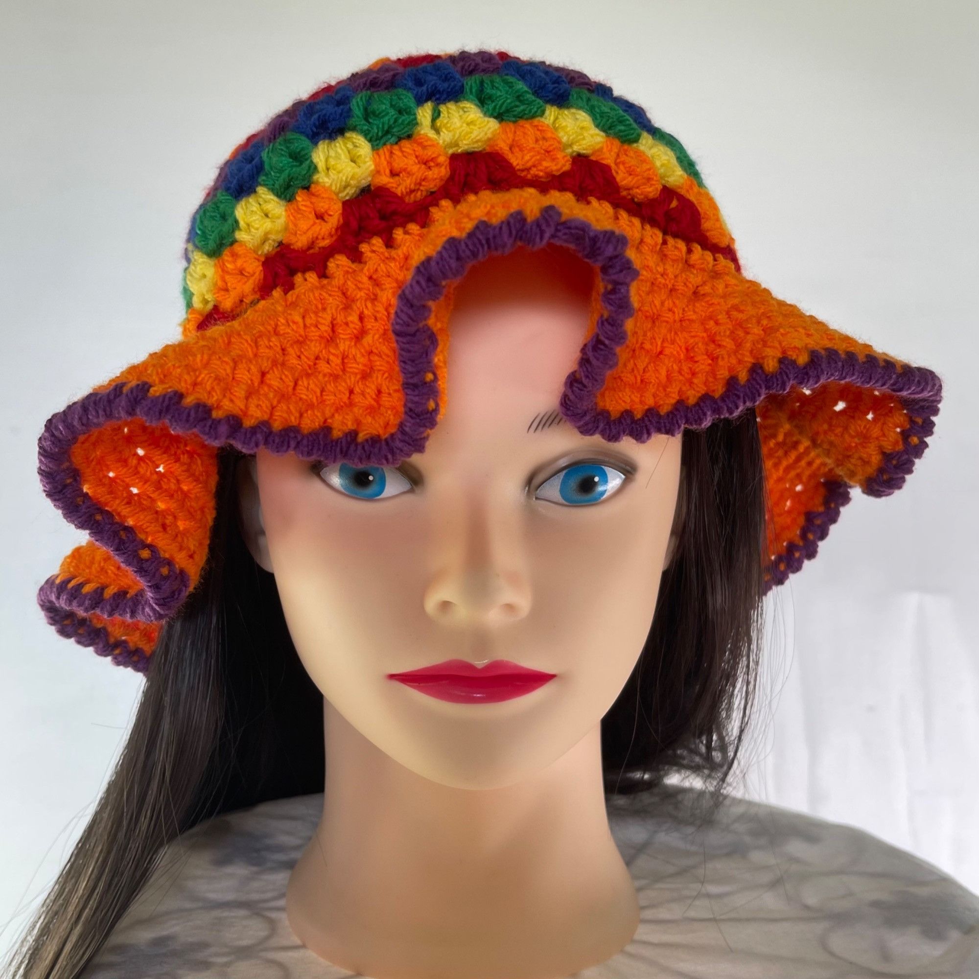 Handmade Crochet Bucket Hat Granny Square Pattern Rainbow Colors Adul Size ONE SIZE - 3 Thumbnail