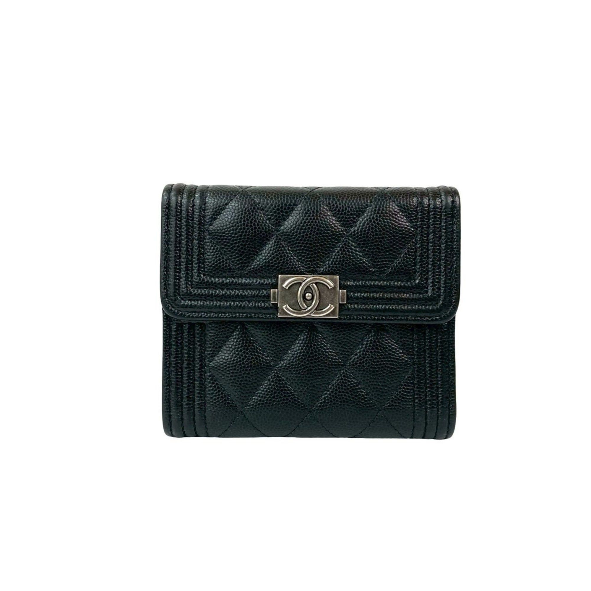 CHANEL Matelasse Coco Mark Leather and Caviar Skin Tri-fold Wallet Black 02356