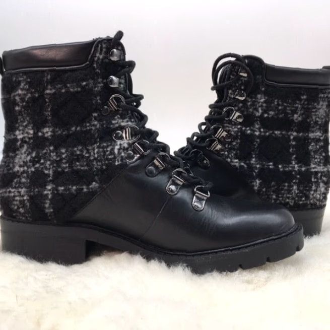 Marc Fisher MARC FISHER Lanzia 3 Leather Bootie Plaid Wool Lace Up Black 6 M BLK New 45 Size US 6 / IT 36 - 3 Thumbnail