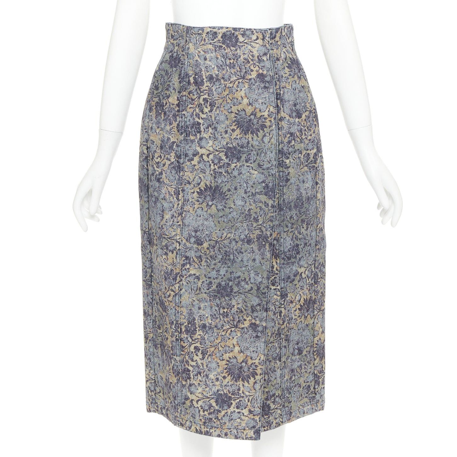 Dior DIOR Brocart blue beige floral brocade denim knee skirt FR36 S Size 27" / US 4 / IT 40 - 1 Thumbnail