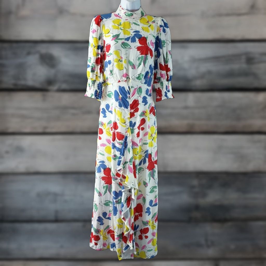RIXO Rixo for Target Womens Cascade Ruffle Dress Sz 4 White Blue Floral Mock Neck Maxi Dress Womens | Rayon | Floral Pattern | 52" Length | 17" Width Size S / US 4 / IT 40 - 1 Thumbnail
