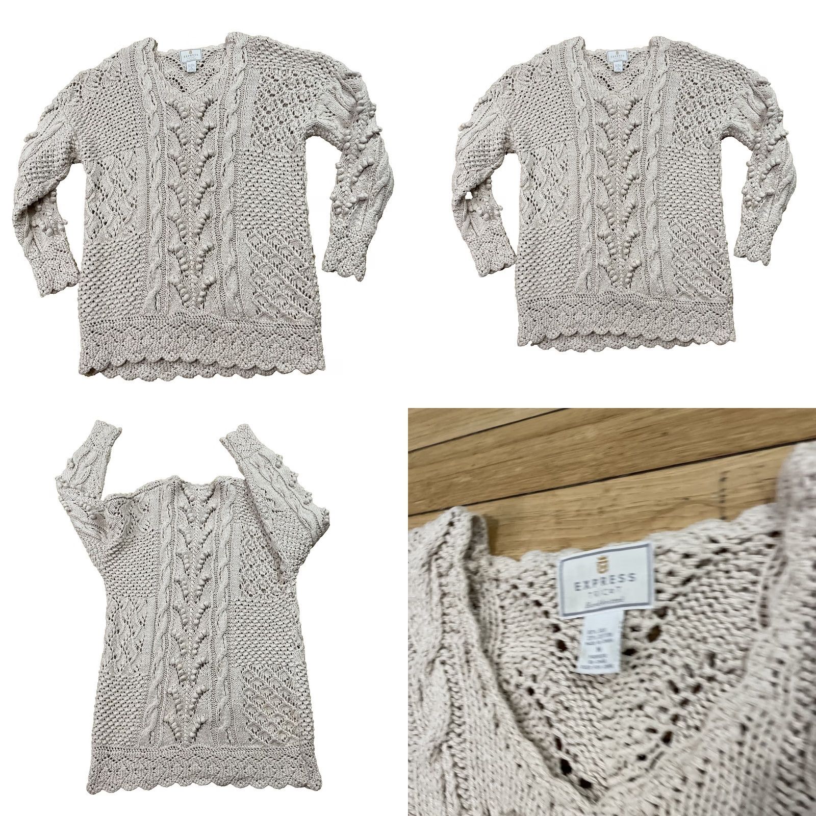 Express VINTAGE EXPRESS TRICOT Crochet Silk Tunic Sweater Dress Women M Cream Boho Hand Knit Shirt Size M / US 6-8 / IT 42-44 - 9 Thumbnail
