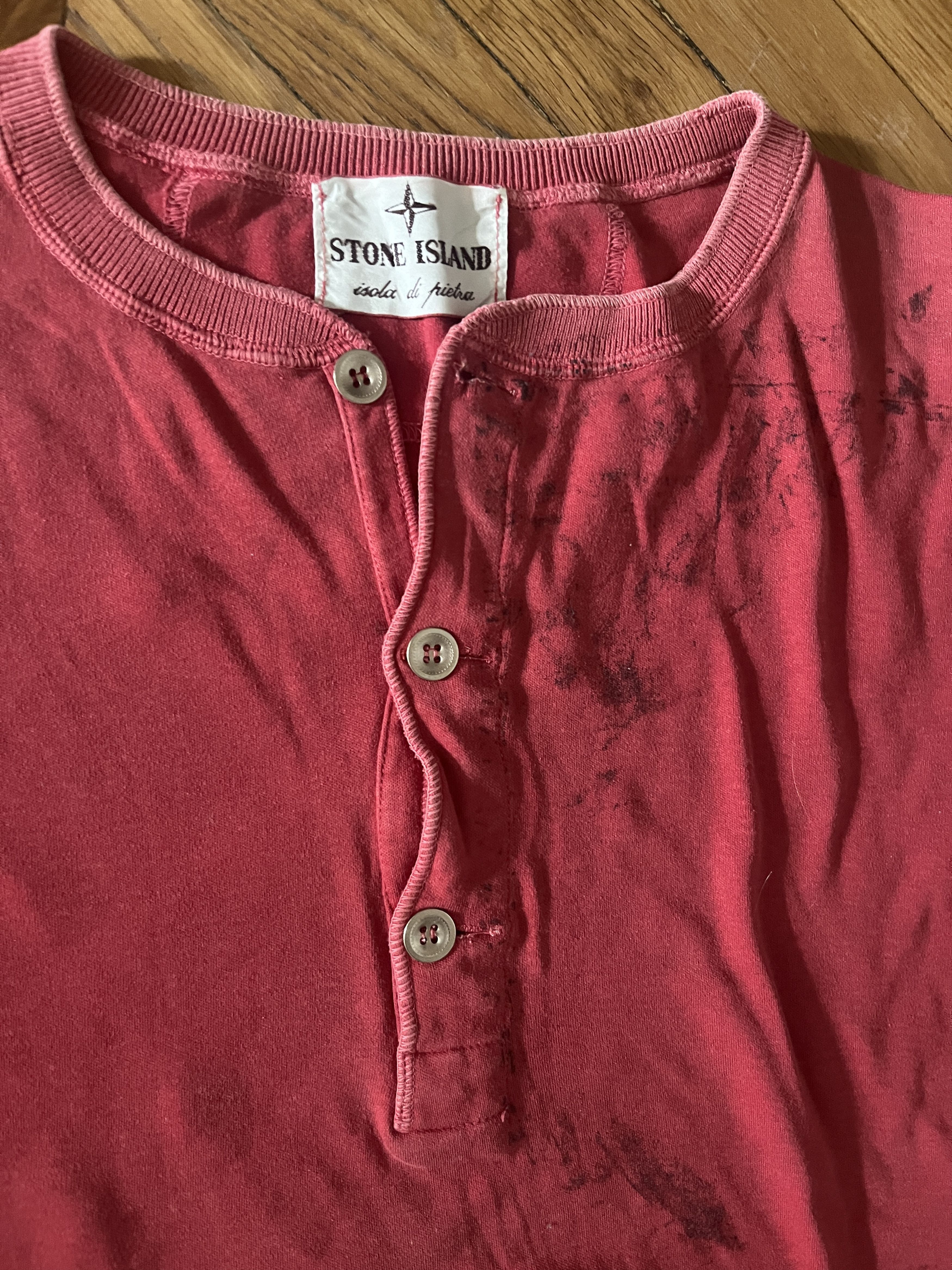 image of Stone Island Isola Di Pietra 80's Henley Top in Soft Red, Men's (Size XL)