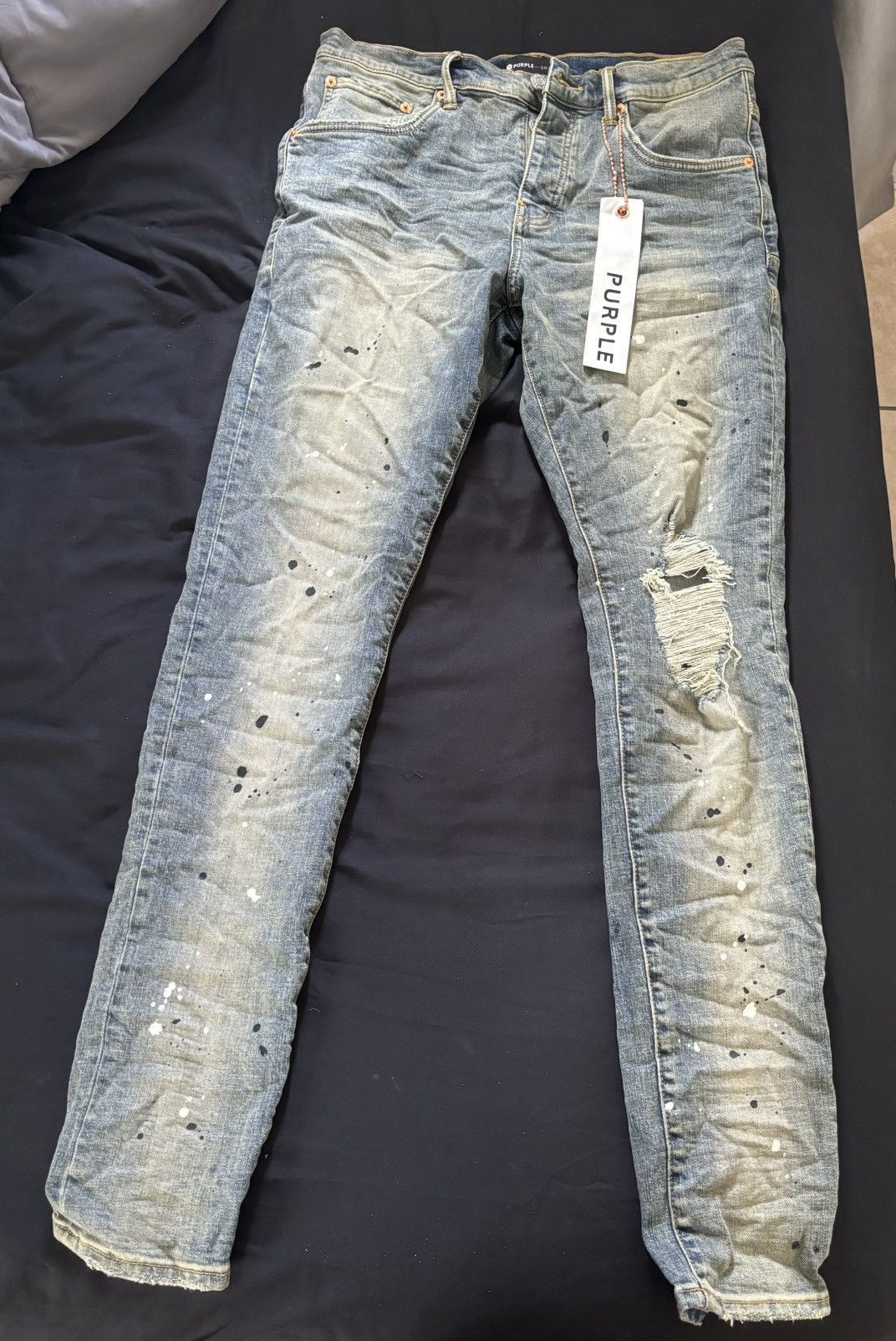 Purple Brand PURPLE P002 SLIM MID RISE DESTROY PAINT INDIGO JEANS Size US 33 - 1 Thumbnail
