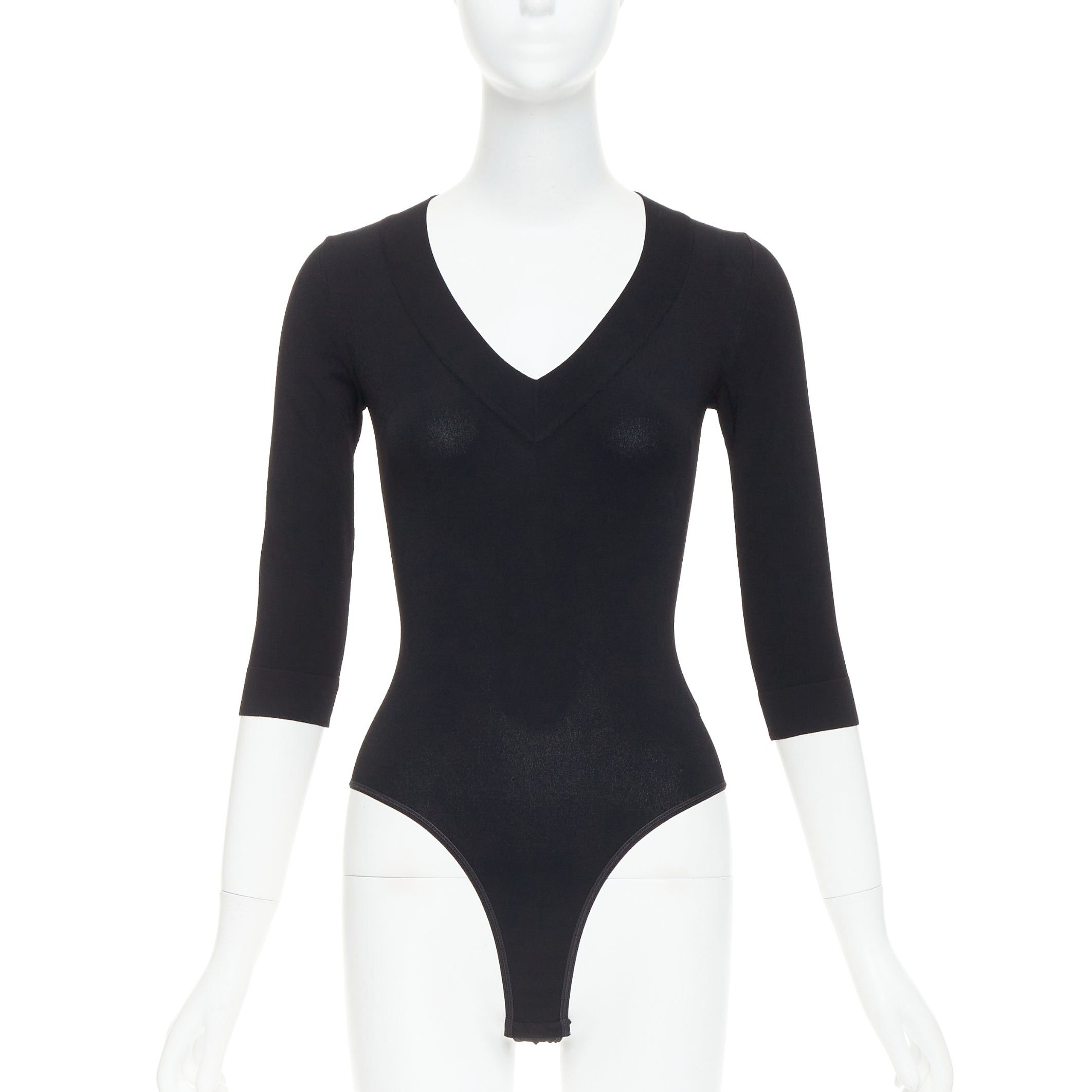 Alaia ALAIA black viscose blend V-neck bodysuit t-shirt leotard top FR36 S Size S / US 4 / IT 40 - 1 Thumbnail
