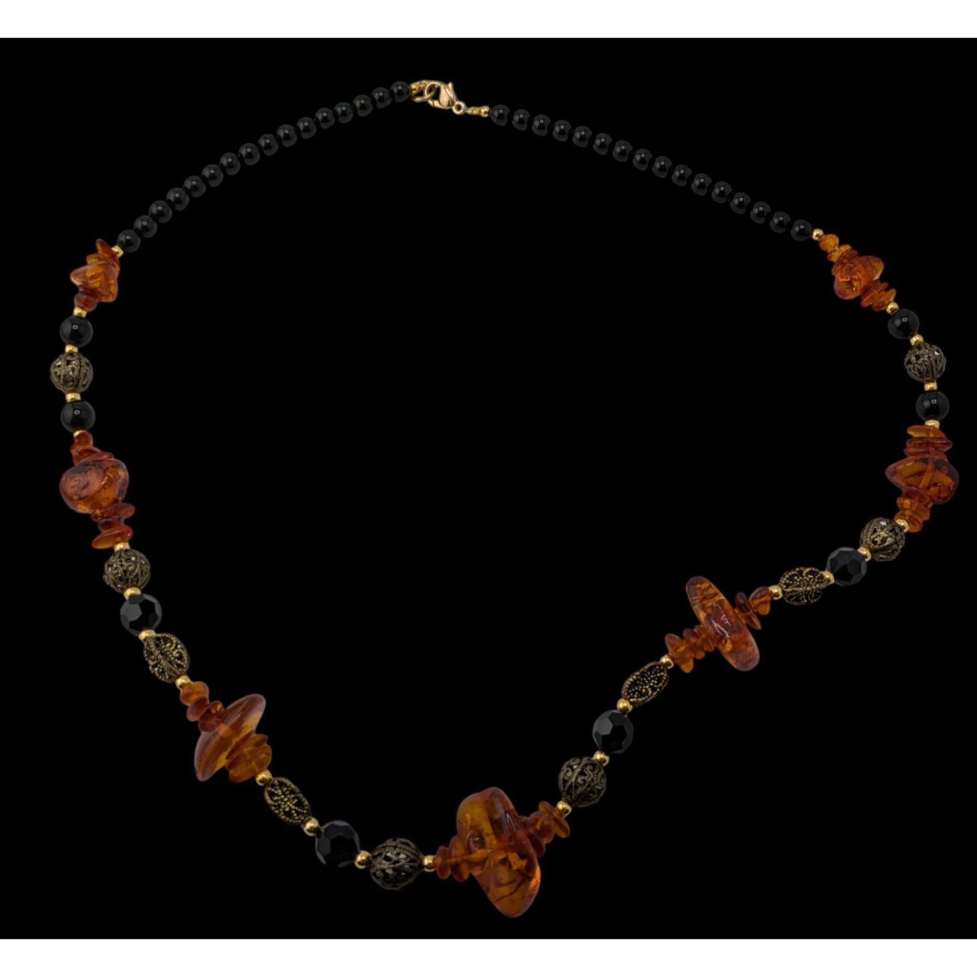 Other Vintage Amber And Onyx Beaded Necklace With Gold Tone And Bl Size ONE SIZE - 2 Thumbnail