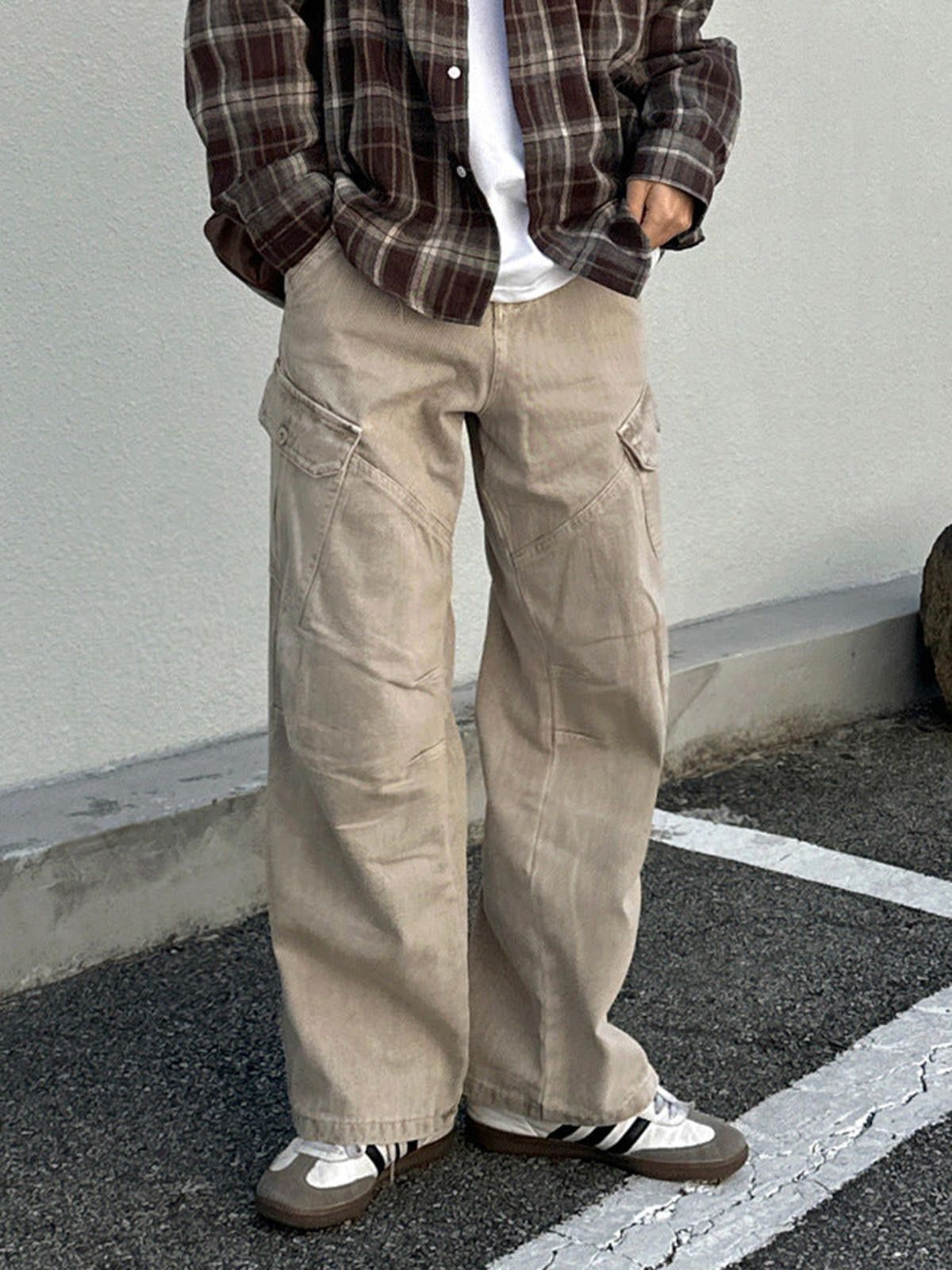 Vintage Beige Wide Leg Cargo Pants, Loose Fit Men's Trousers Size US 32 / EU 48 - 2 Thumbnail