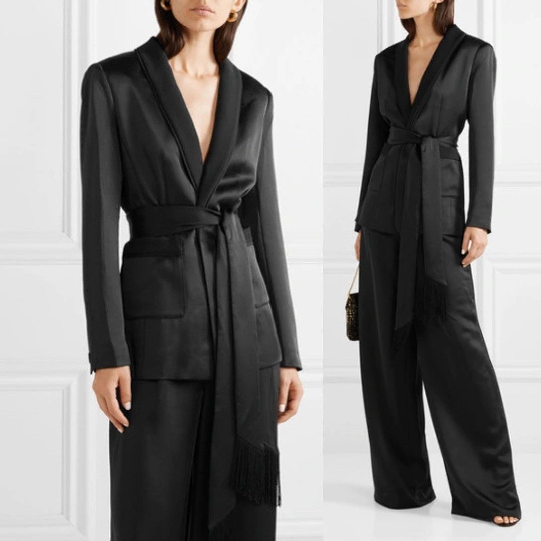 Rachel Zoe Rachel Zoe | Roarke Belted Grosgrain Trim Black Satin Blazer Size M / US 6-8 / IT 42-44 - 3 Thumbnail