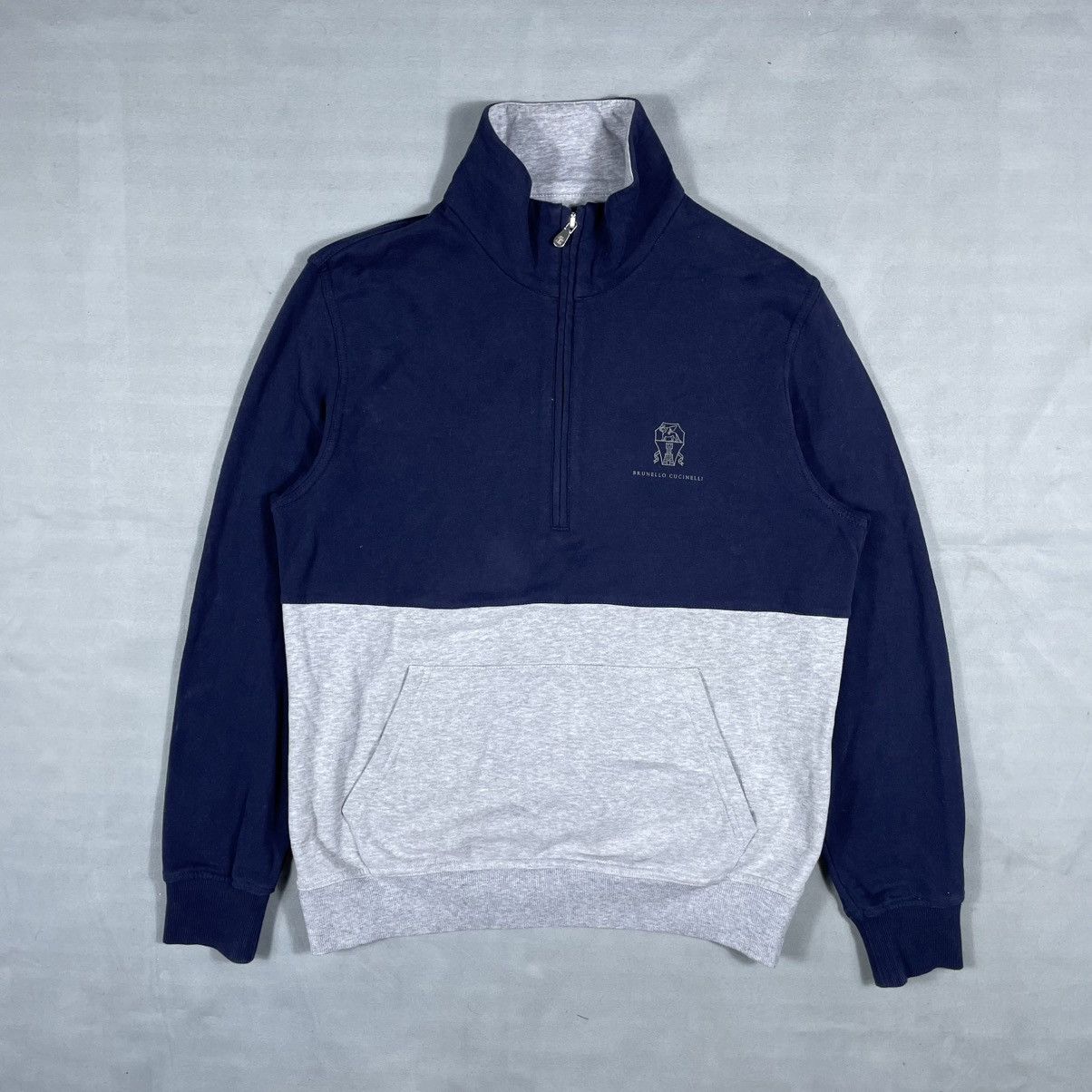 Brunello Cucinelli Logo-Print Two-Tone Cotton-Jersey Half-Zip Sweatshirt - Blue Size US XS / EU 42 / 0 - 18 Thumbnail
