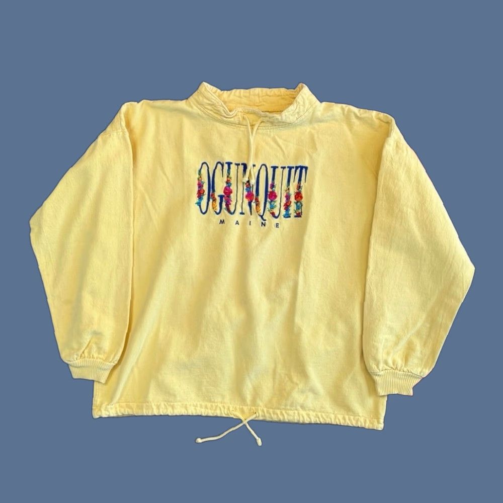 VINTAGE Ogunquit Maine Embroidered Sweatshirt 2XL Women’s 90s Flowers Pullover Sweatshirt Yellow Women