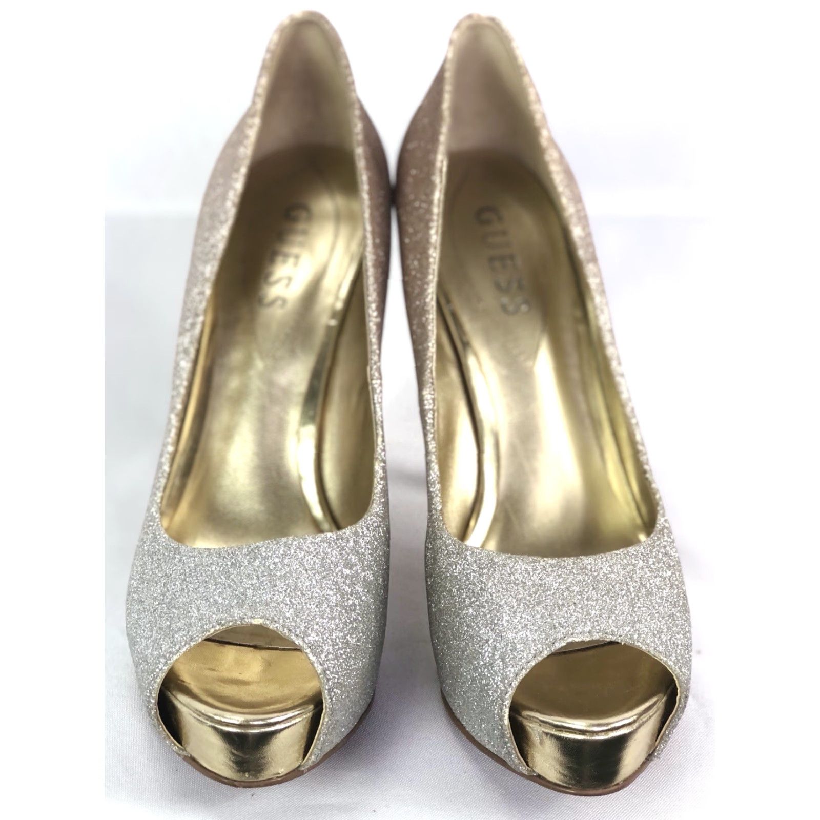 Guess GUESS Peep Toe Pumps High Heels 6 1/2 Silver Glitter WG Patches 4 1/2 Heels Pumps Womens Stiletto Ultra High M Silver Size US 7 / IT 37 - 4 Thumbnail