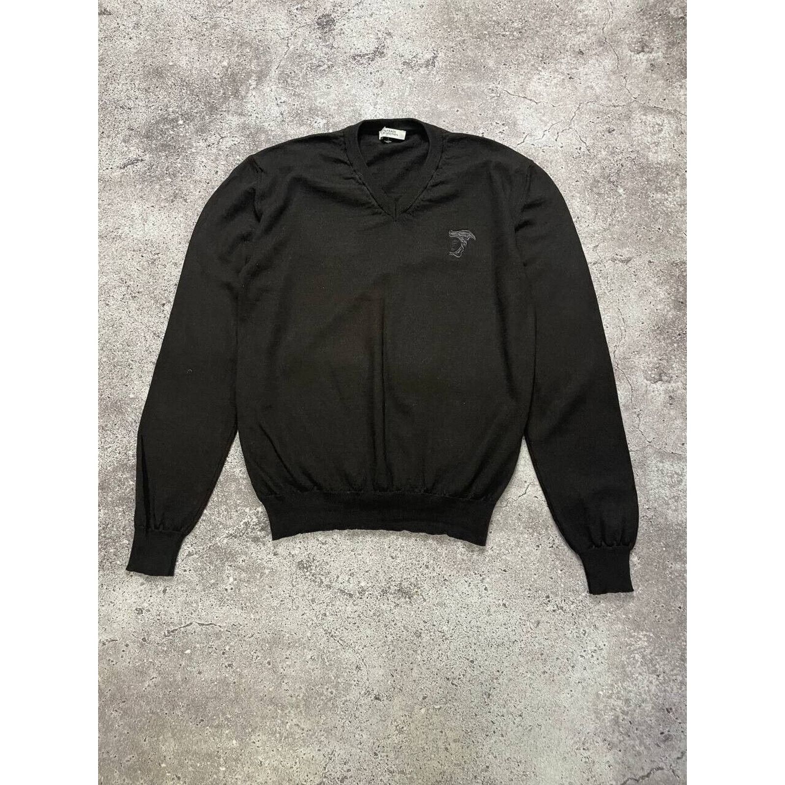 Versace × Vintage Vintage Versace Black Sweater Merino Logo Embroidery Neck S Size US S / EU 44-46 / 1 - 1 Thumbnail