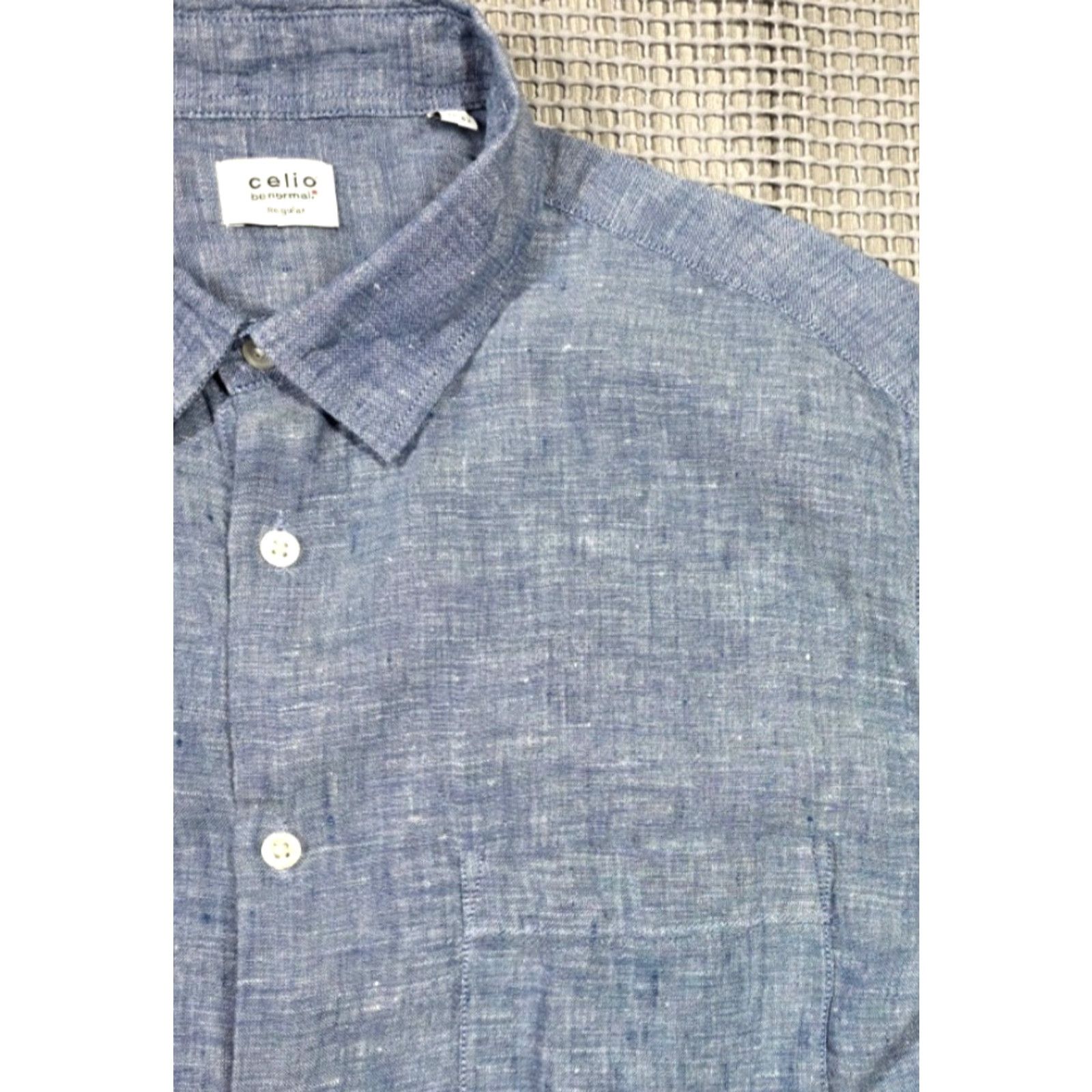 Celio CELIO Button-Up Shirt Mens Linen Blue Short Sleeve 16.5 Collar-Down Vintage? No Size US XL / EU 56 / 4 - 3 Thumbnail