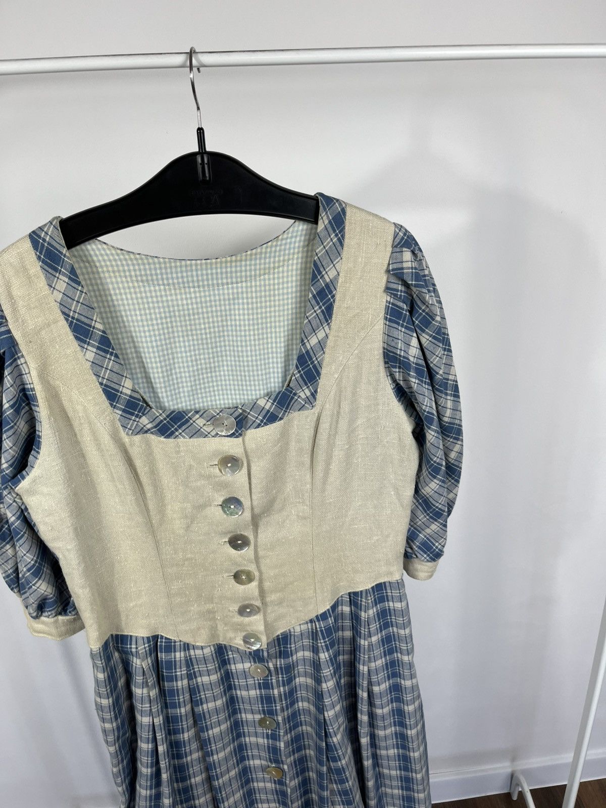 Other Vintage Dirndl Style Dress Blue Plaid Linen Folk Maxi Dress Size M / US 6-8 / IT 42-44 - 9 Thumbnail