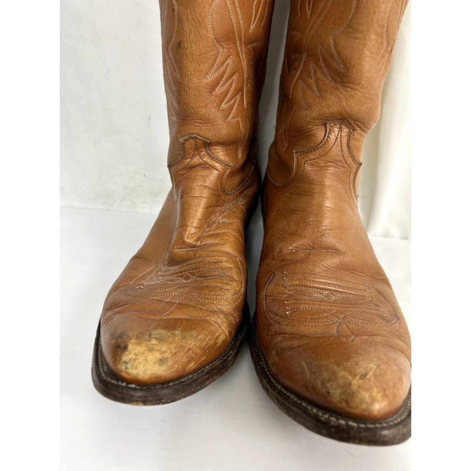 Justin Boots VINTAGE Justin Boots Mens 10 Brown Leather Cowboy Western Boots Pull-on Mid-Calf Pointed Toe USA Mens Size US 10 / EU 43 - 6 Thumbnail