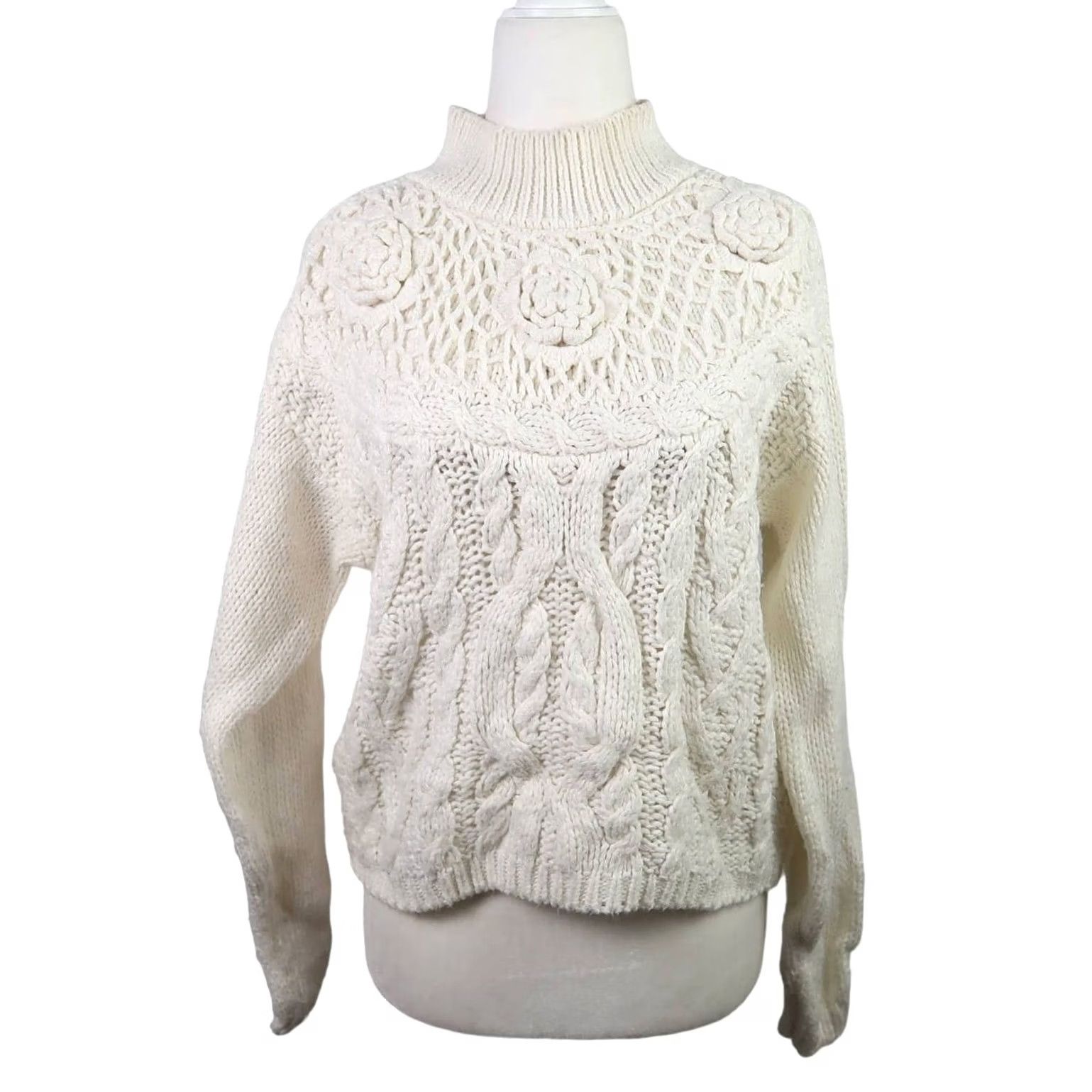 Vintage VINTAGE 80s cream cable knit floral crochet mockneck sweater M Casual Womens Size M / US 6-8 / IT 42-44 - 2 Thumbnail