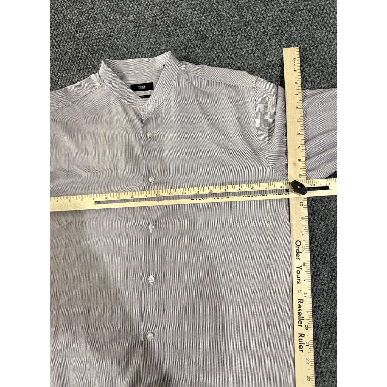 Hugo Boss HUGO BOSS Shirt Mens 16 Gray Pinstripe Slim Fit Band Collar Dress Long Sleeve Mens 16 Slim Fit Pinstripe Gray Band Collar Dress Shirt Size 42R - 4 Thumbnail