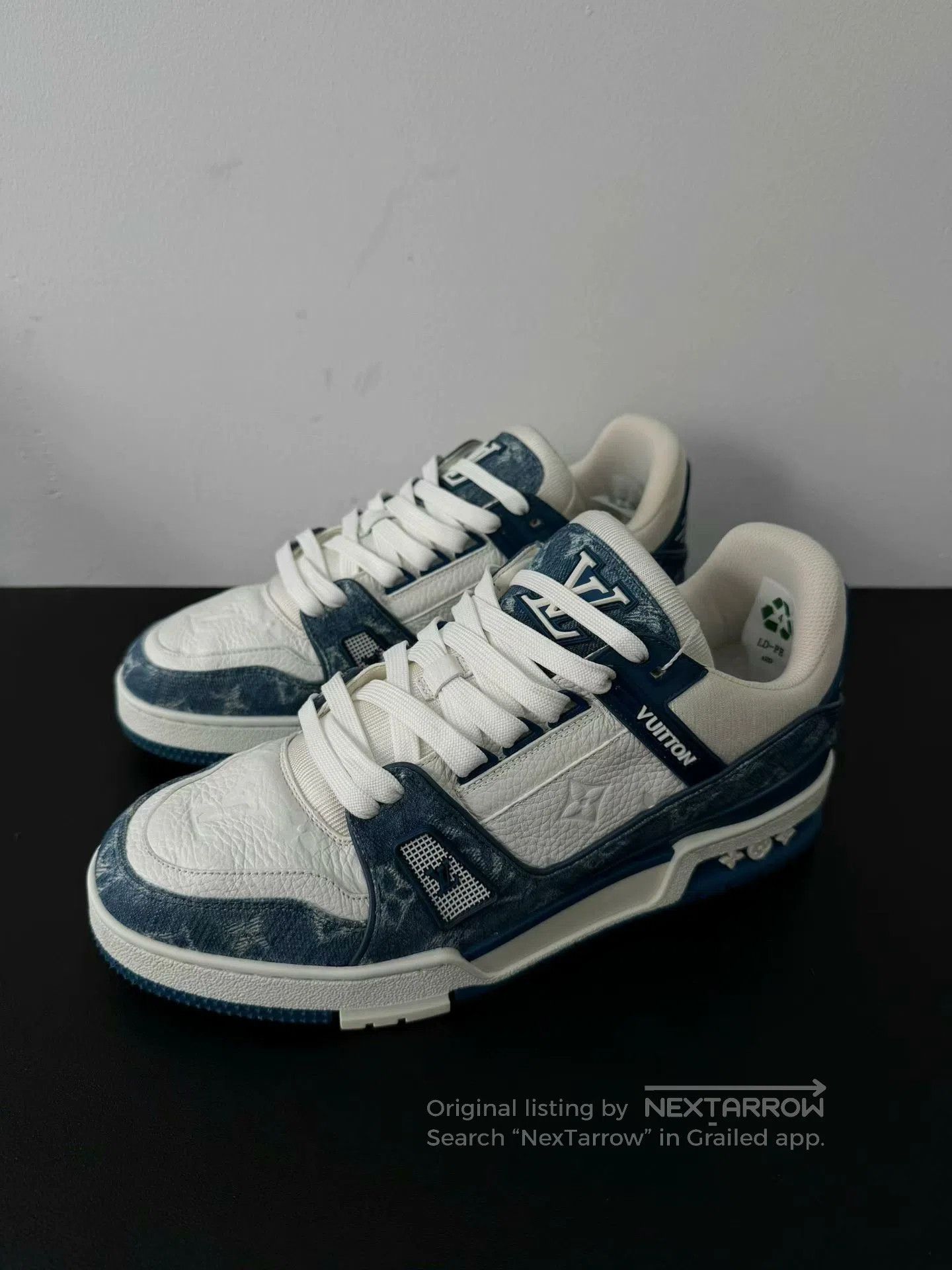 lv trainer blue and white sneaker.