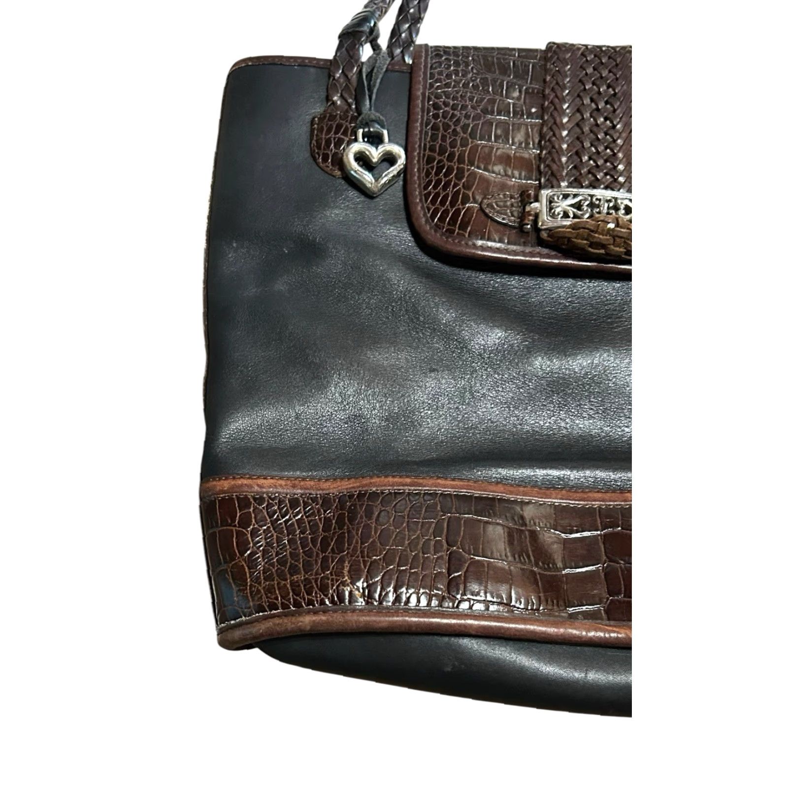 Brighton VINTAGE Brighton Queen of Love Croc Leather Shoulder Bag Tote Purse Black Brown Women’s Bag Charm Silver Hardware 12in 12in Size ONE SIZE - 4 Thumbnail