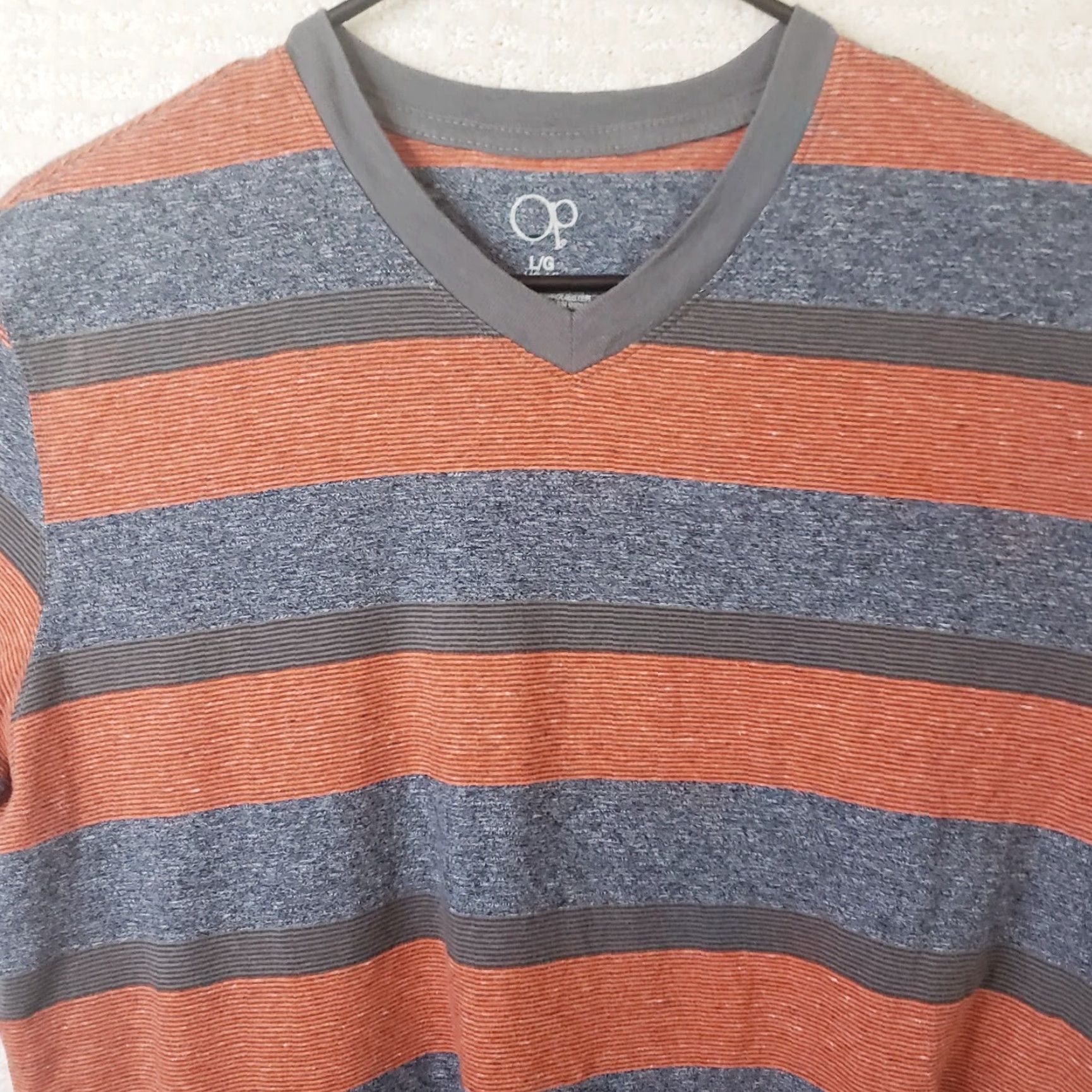 Ocean Pacific VINTAGE Ocean Pacific Shirt Mens L Gray Orange Striped Crew Neck Short Sleeve Logo Jersey Cotton Polyester All Seasons Beach Size US L / EU 52-54 / 3 - 3 Thumbnail