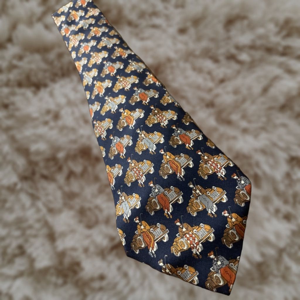 VINTAGE Salvatore Ferragamo Silk Tie Golf / Old Automobile Theme Multicolor Satin 100% Silk Men Necktie Made in Italy