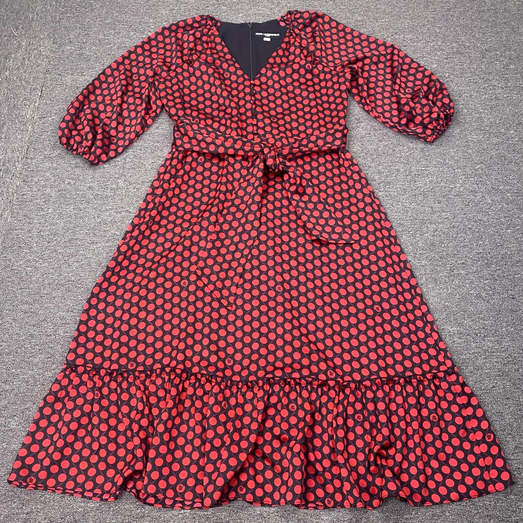 Karl Lagerfeld Paris Dress Womens 12 Red Polka Dot Belted Ruffle Midi Fit  Flare Dress - crrs.pl