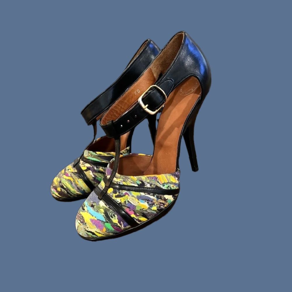 Dries Van Noten DRIES VAN NOTEN Pump Heel Women Multicolor T-Strap Leather Fabric 4.5" Stiletto Buckle Close Toe US 9 EUC GMO Size US 9 / IT 39 - 1 Thumbnail
