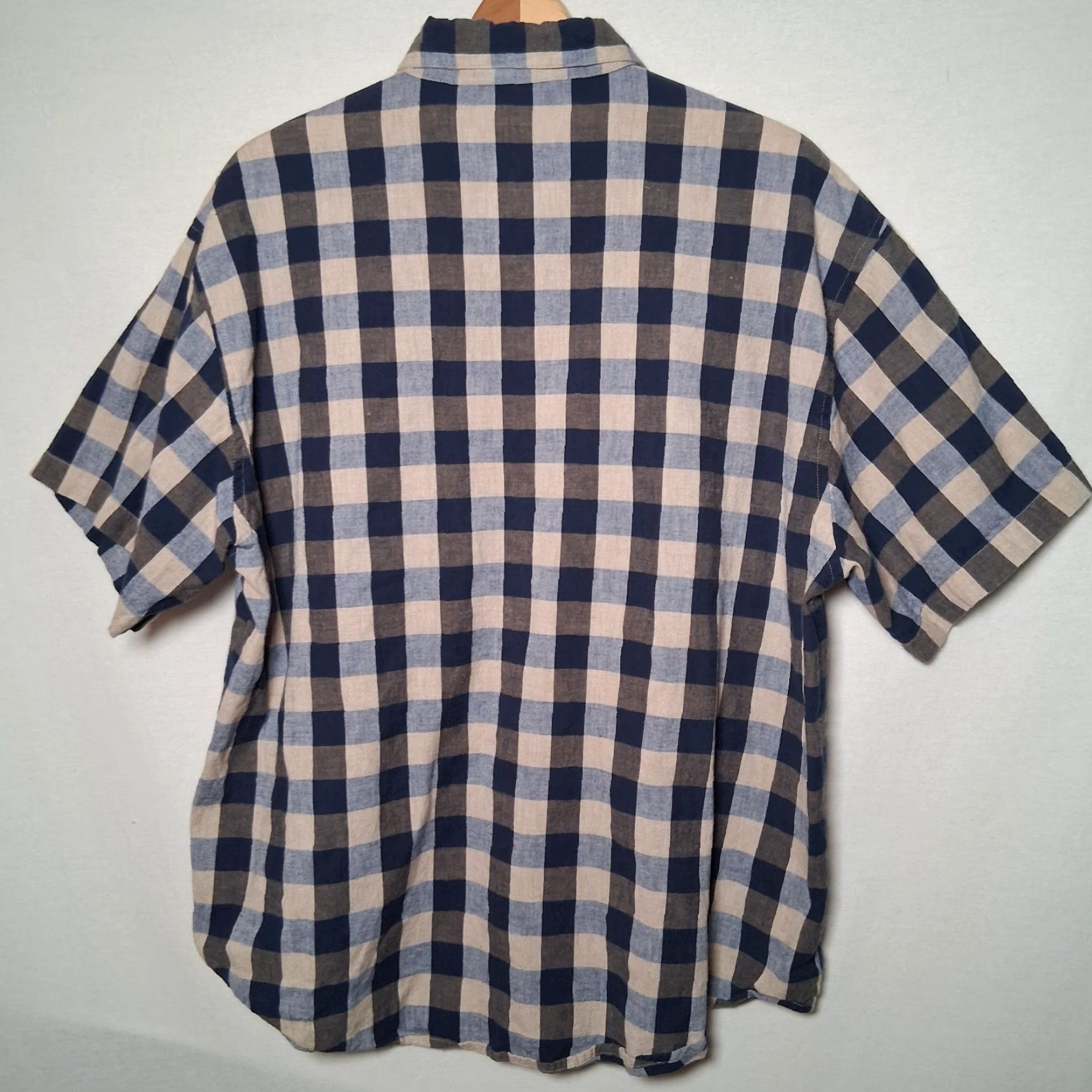 Vintage VINTAGE Maggie & Max Button-Up Blouse 2X Plus Size Casual Short Sleeve Tan Blue Gingham Check Embroidered Floral Womens Size XXL / US 16-18 / IT 52-54 - 3 Thumbnail
