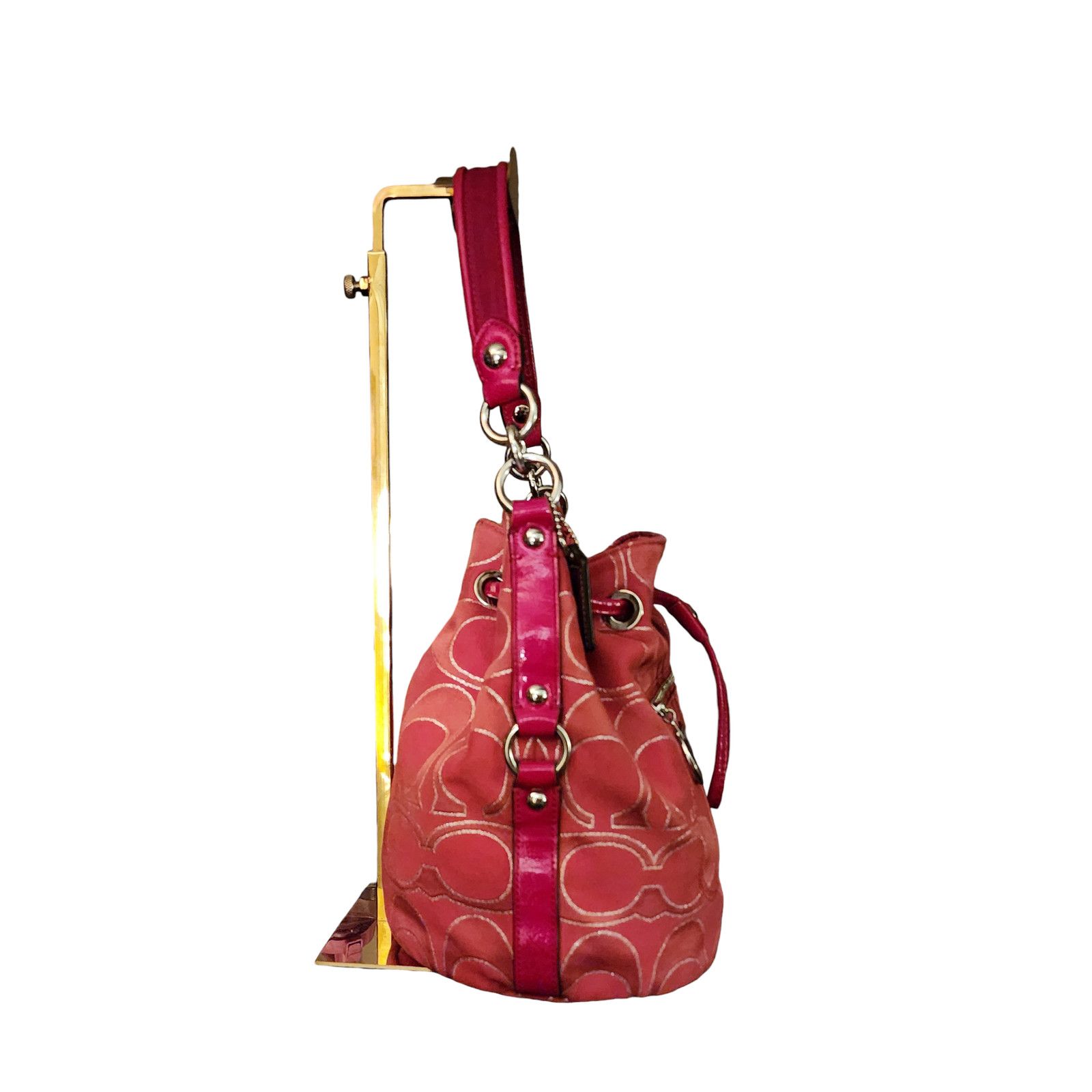 Coach Coach Poppy Signature Lurex draw string bag 17930 Red Silver