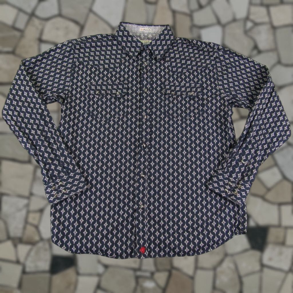 VINTAGE Moonshine Spirit Western Shirt Mens Small Blue Geometric Long Sleeve Pearl Snap Cowboy Outdoor