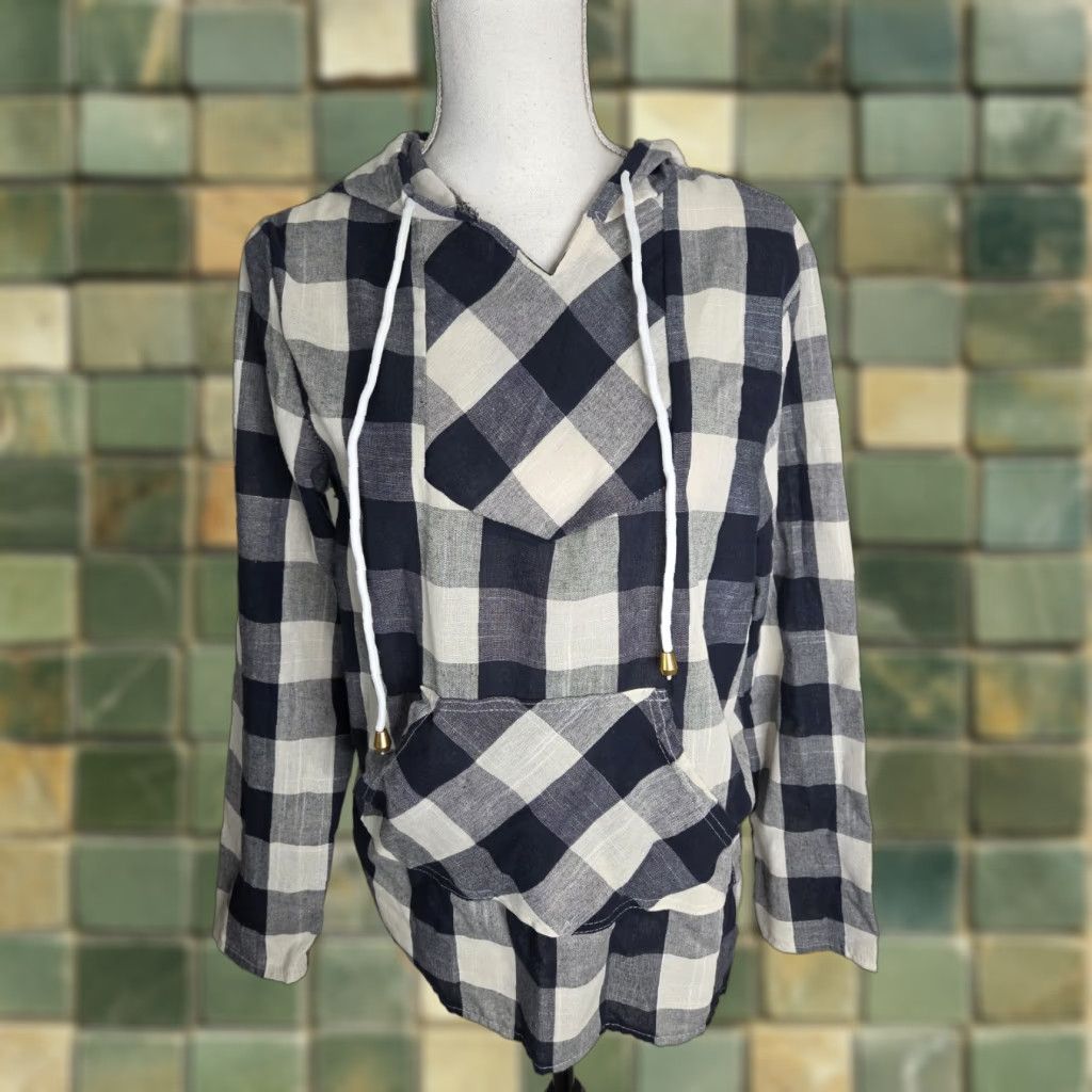 Vintage VINTAGE Plaid Hooded Long Sleeve Shirt Sweatshirt Check Womens Medium 70s Womens Hoodie Shirt Mens? Size M / US 6-8 / IT 42-44 - 1 Thumbnail