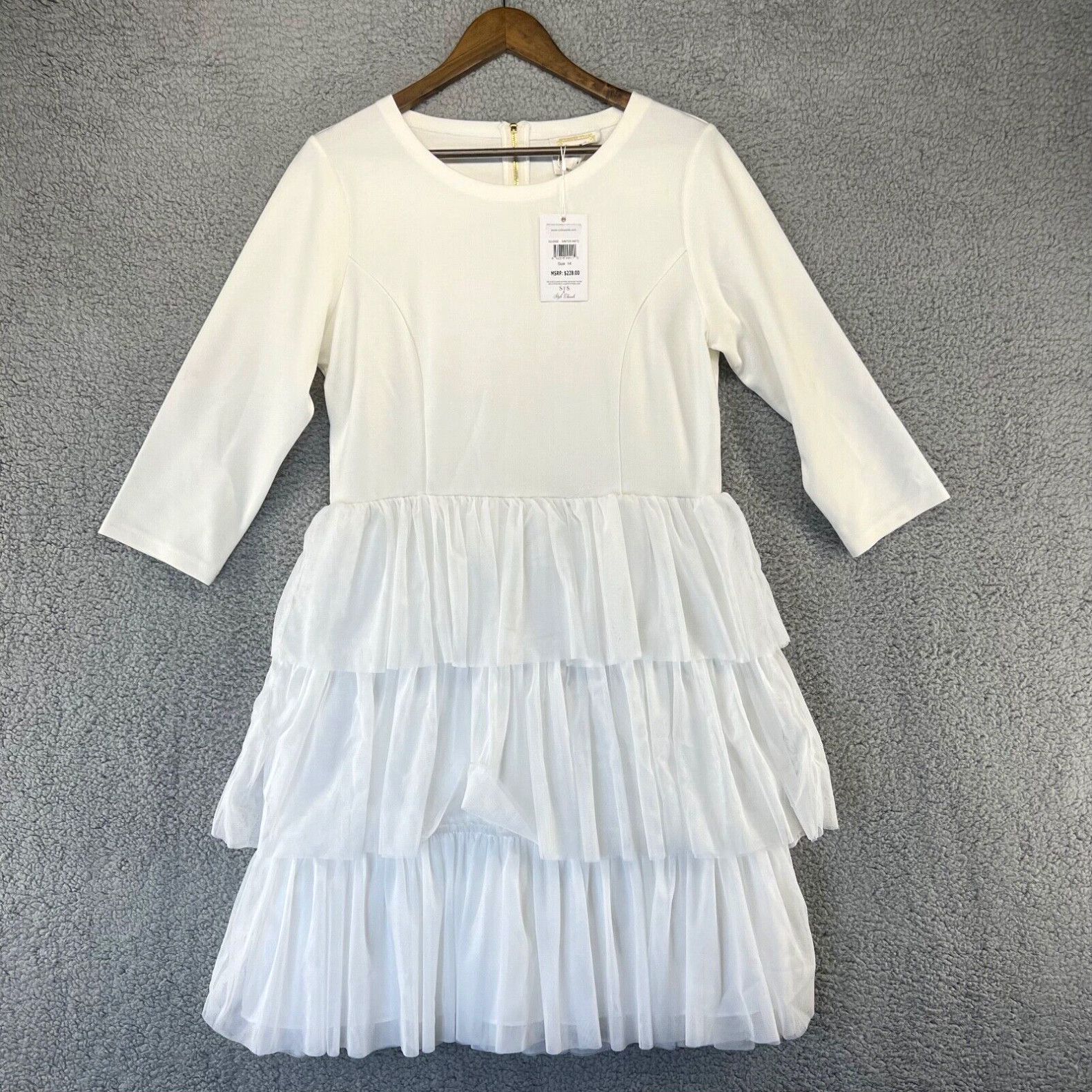 image of Vintage Sail To Sable Dress Women's 14 White Ruffle 3/4 Sleeve Zip Back Cocktail New (Size XL)