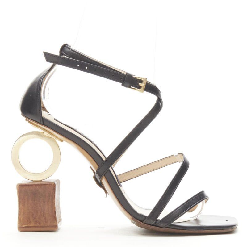 JACQUEMUS Runway architectural wood block gold ring black strappy heel EU36